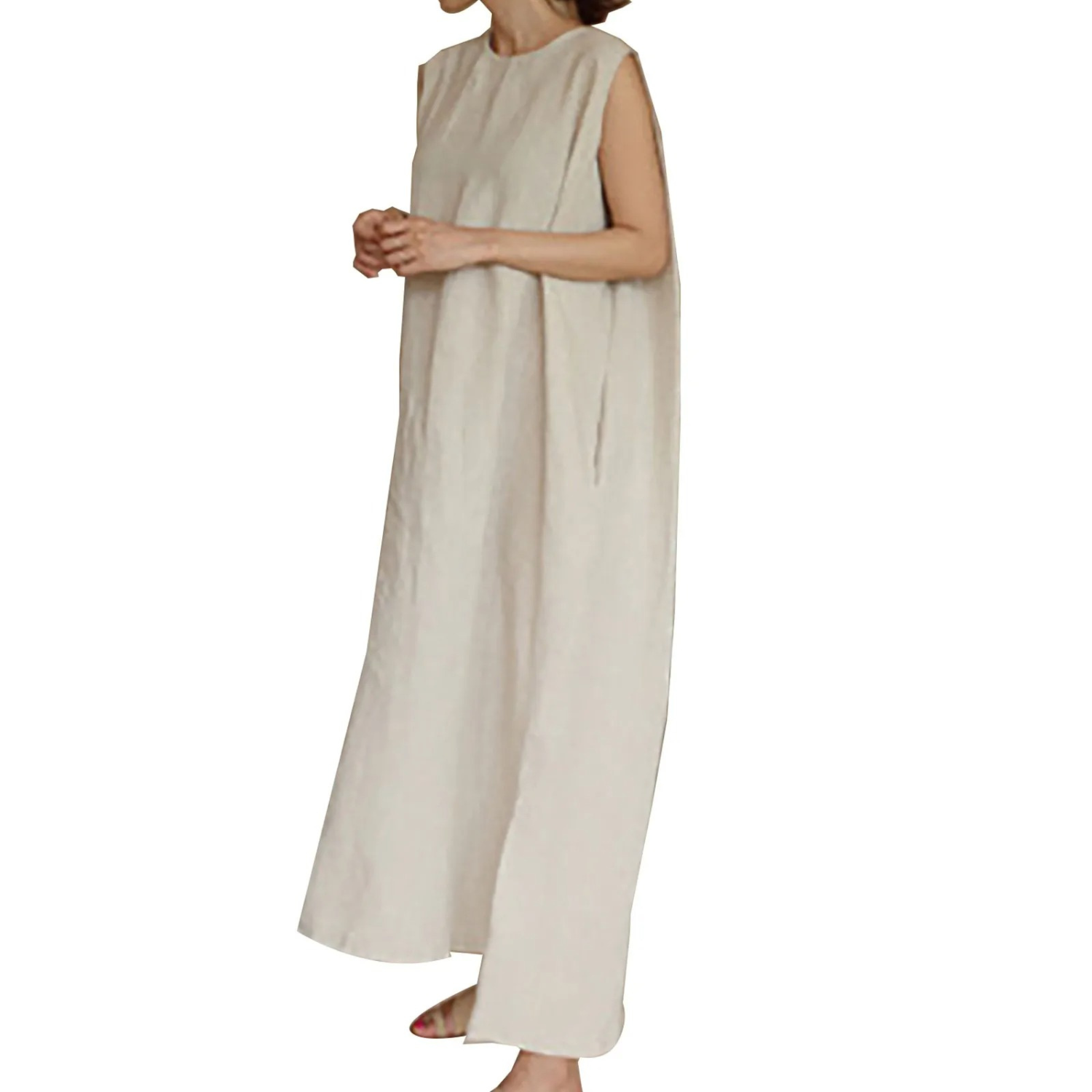 VIDA Grünes einfaches Rundhals-Leinen-Kleid