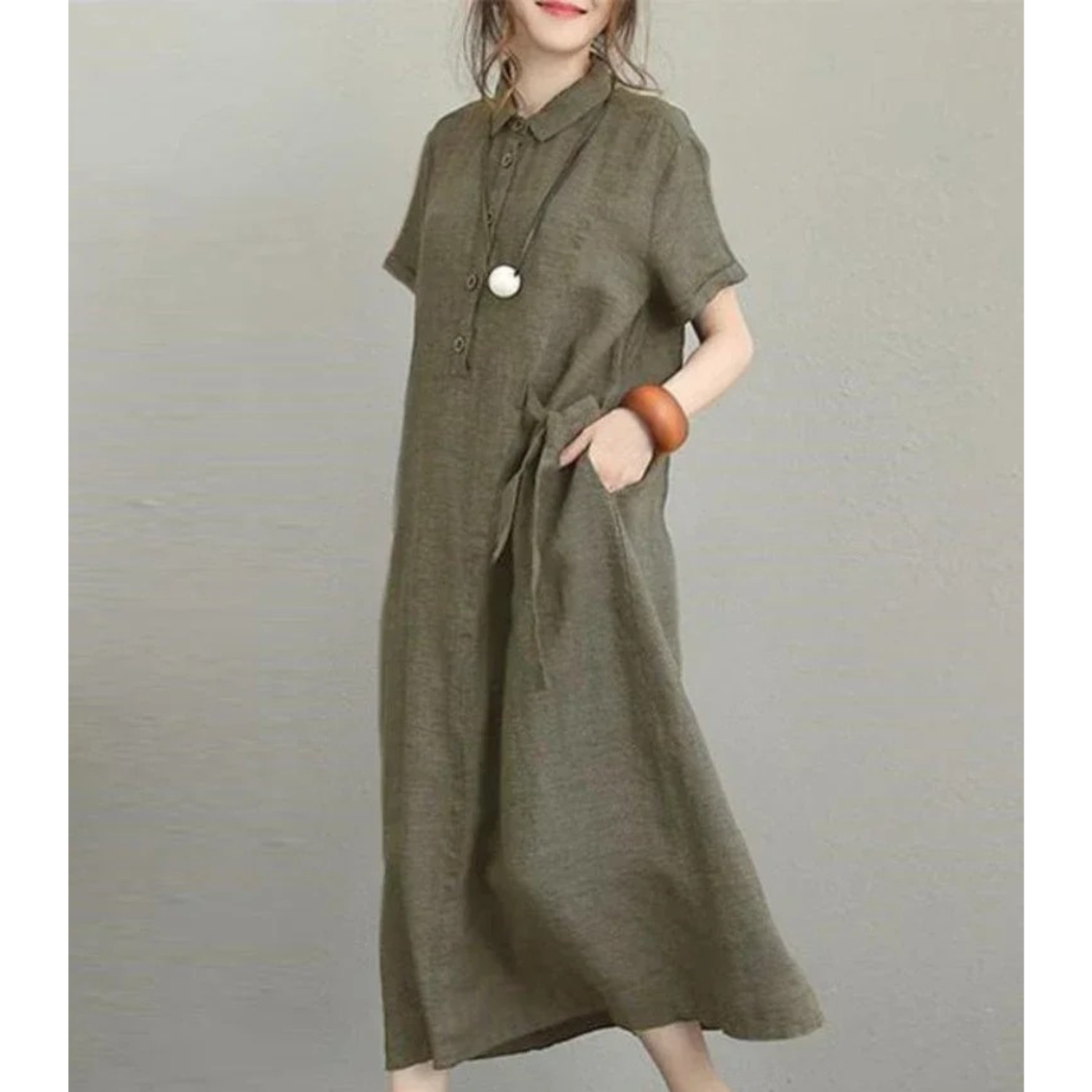 VIDA Graues einfaches leichtes bequemes Leinenkleid