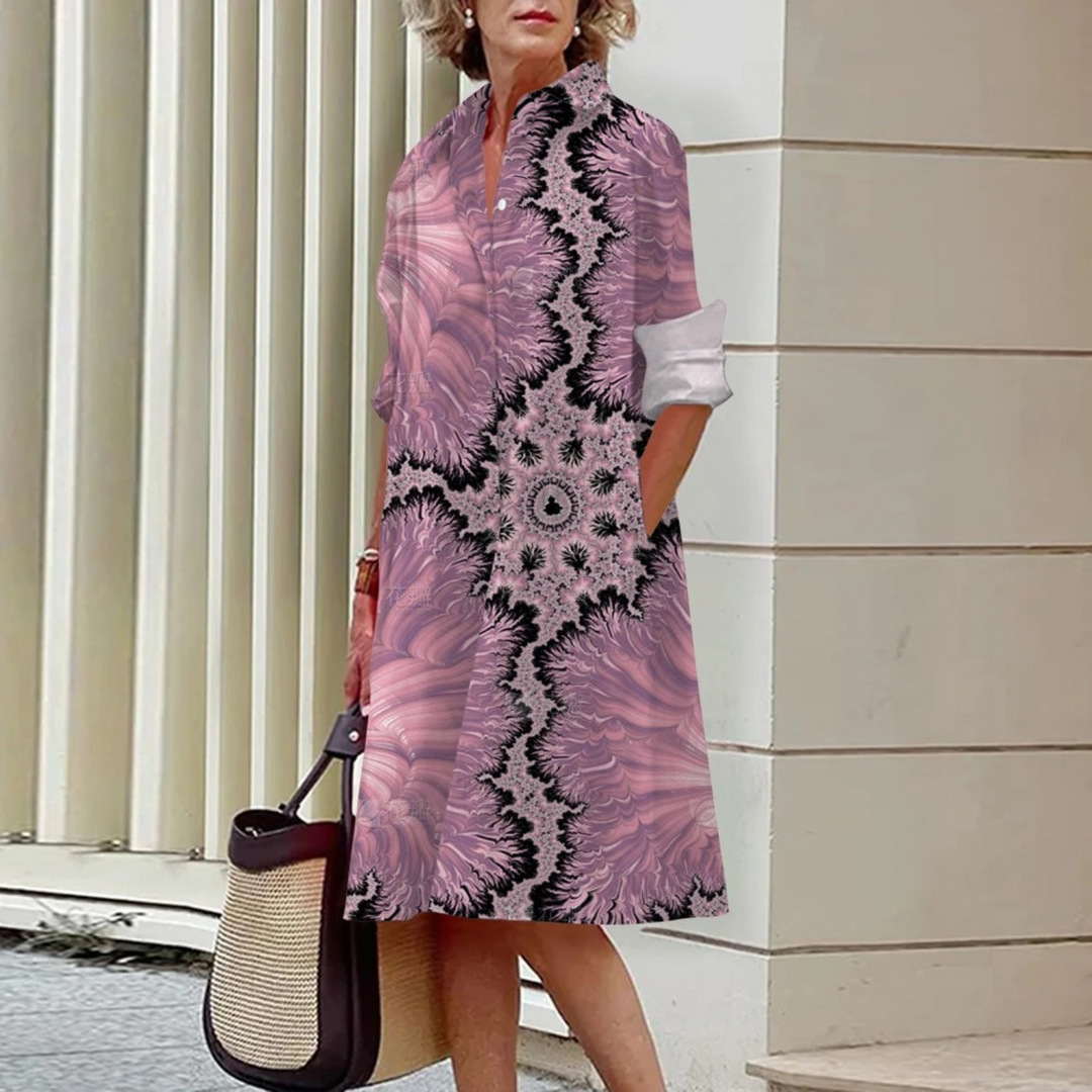 VIDA Grünes lockeres Patchwork-Blusenkleid