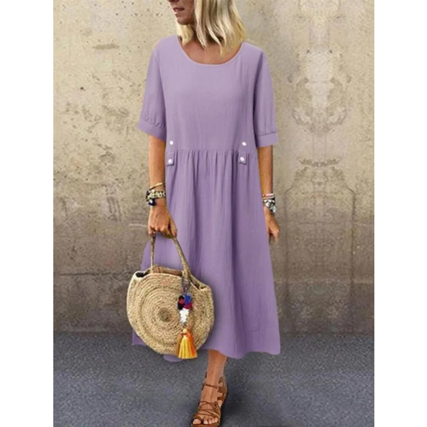 VIDA weißes einfaches bequemes knöpfbares Leinenkleid
