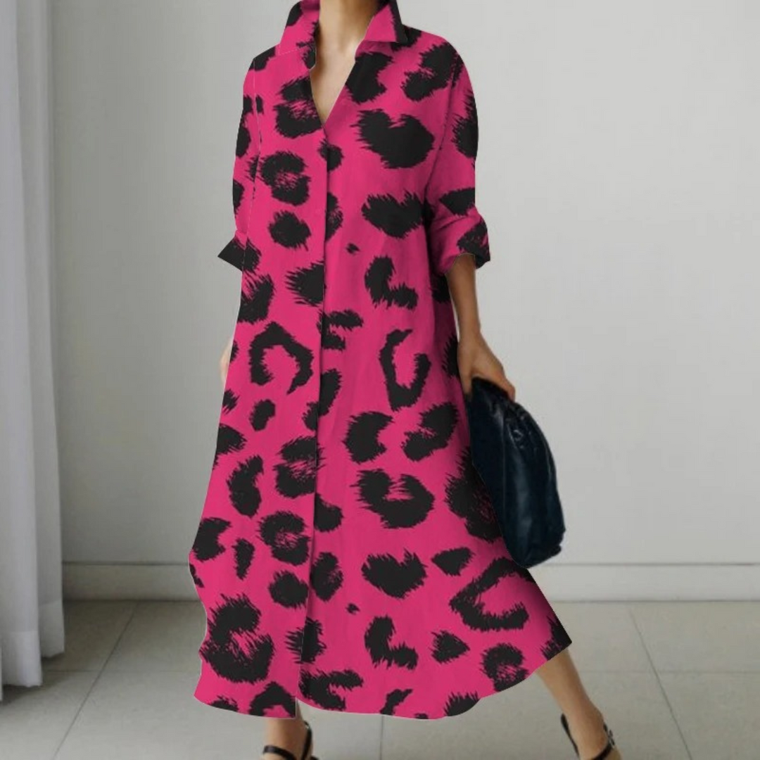 VIDA khakifarbenes Blusenkleid mit Leopardenmuster im Business-Stil