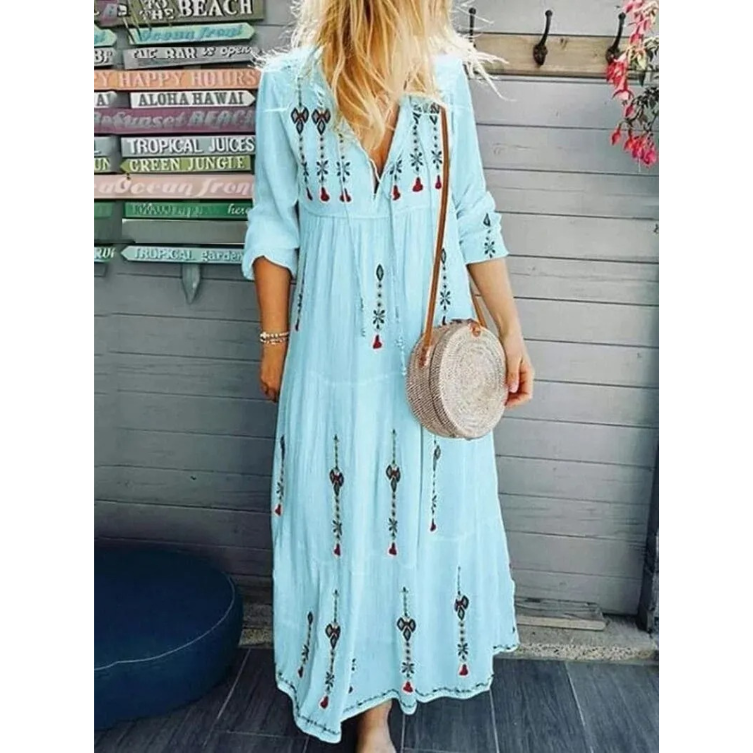 VIDA Langärmeliges Blusenkleid mit V-Ausschnitt und Blumendruck