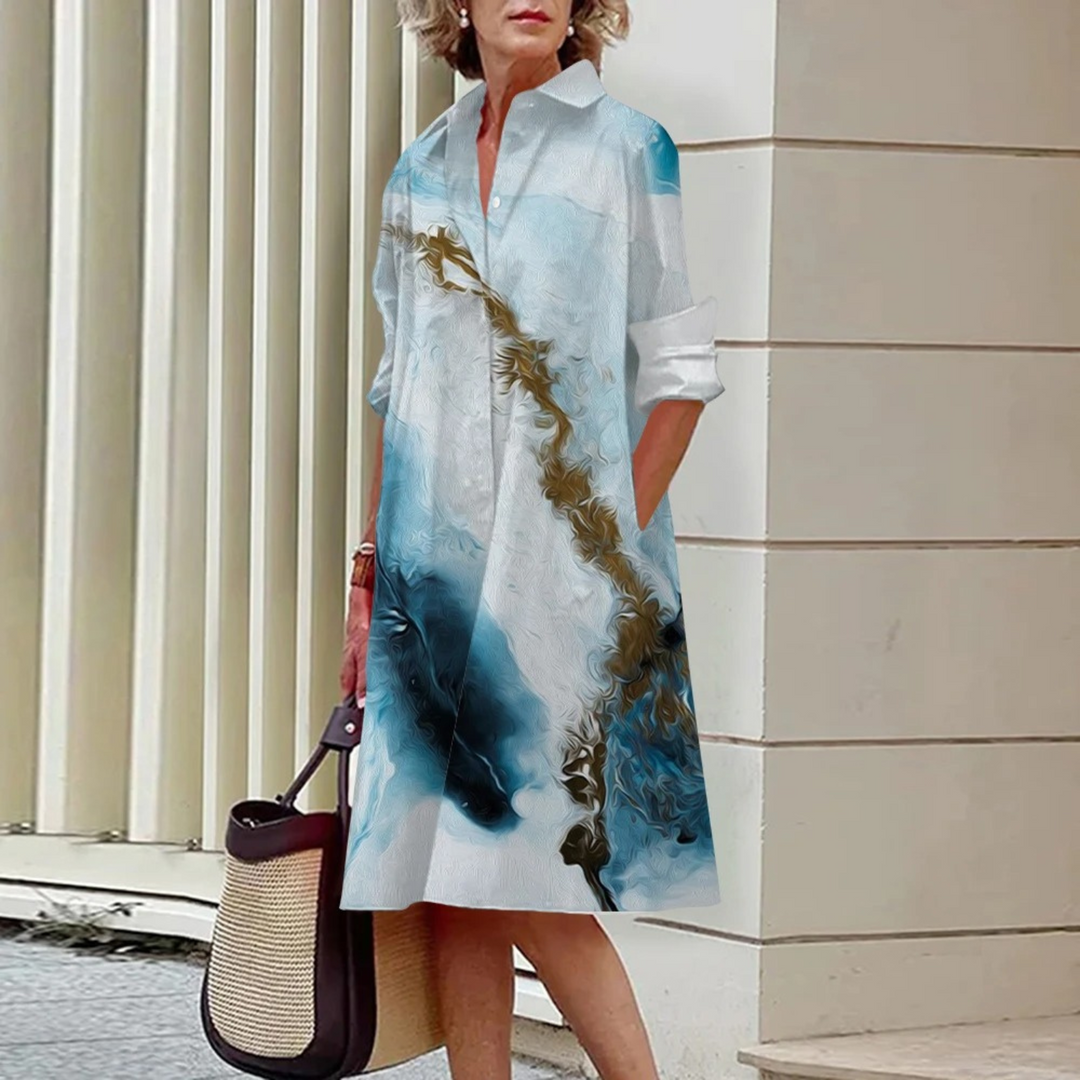VIDA Grünes lockeres Patchwork-Blusenkleid