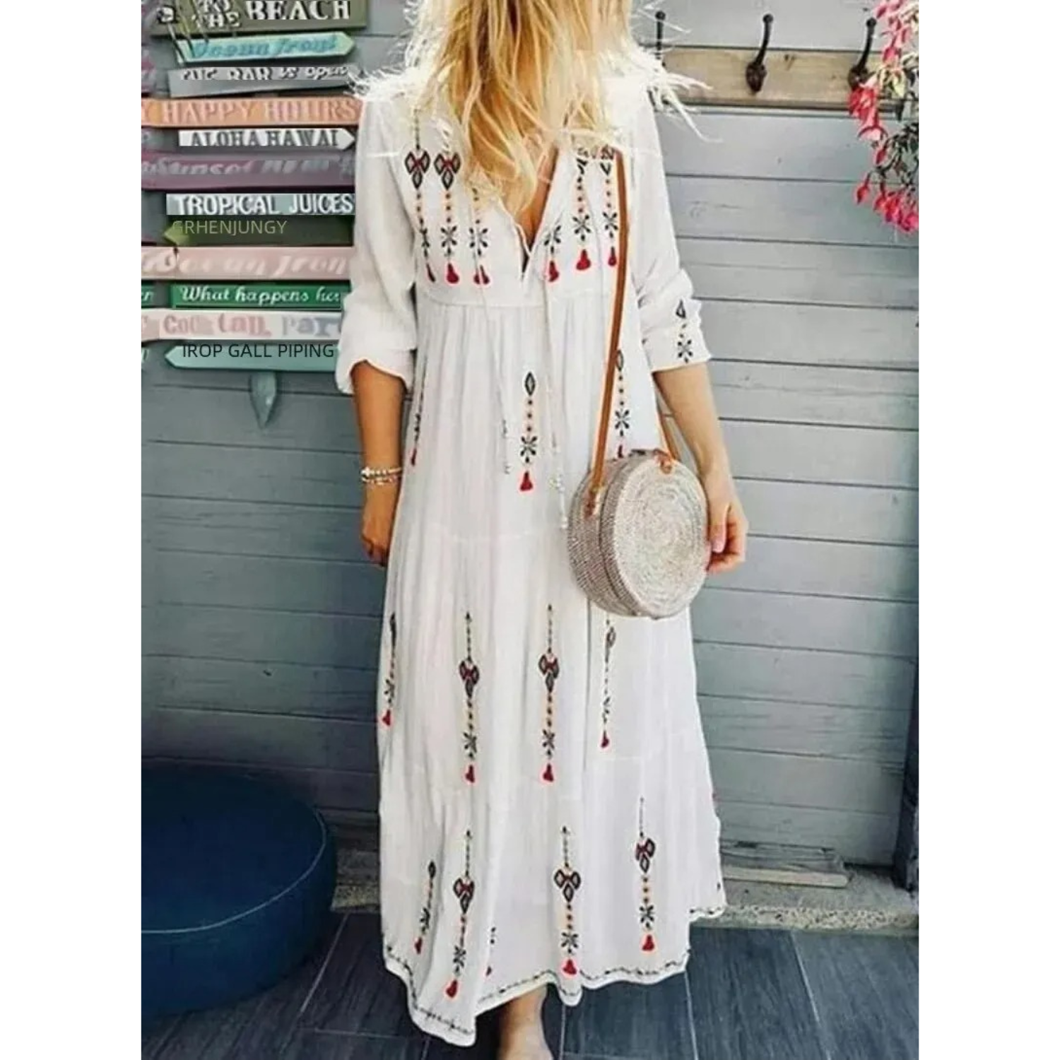 VIDA Langärmeliges Blusenkleid mit V-Ausschnitt und Blumendruck