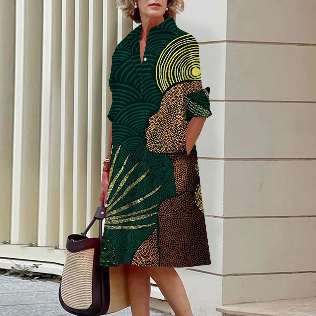 VIDA Grünes lockeres Patchwork-Blusenkleid