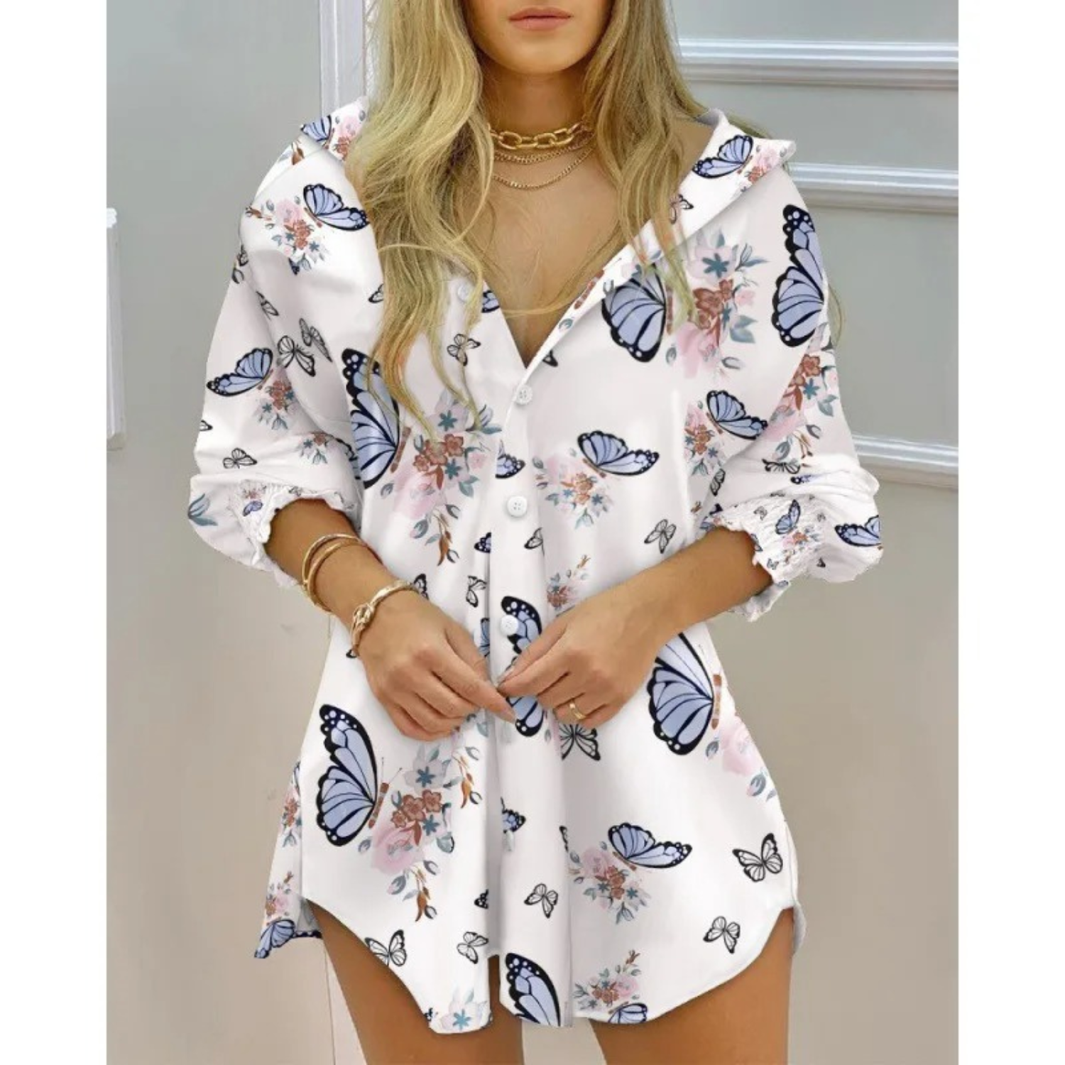 VIDA Schlankes gestreiftes Blusenkleid mit Wendekragen