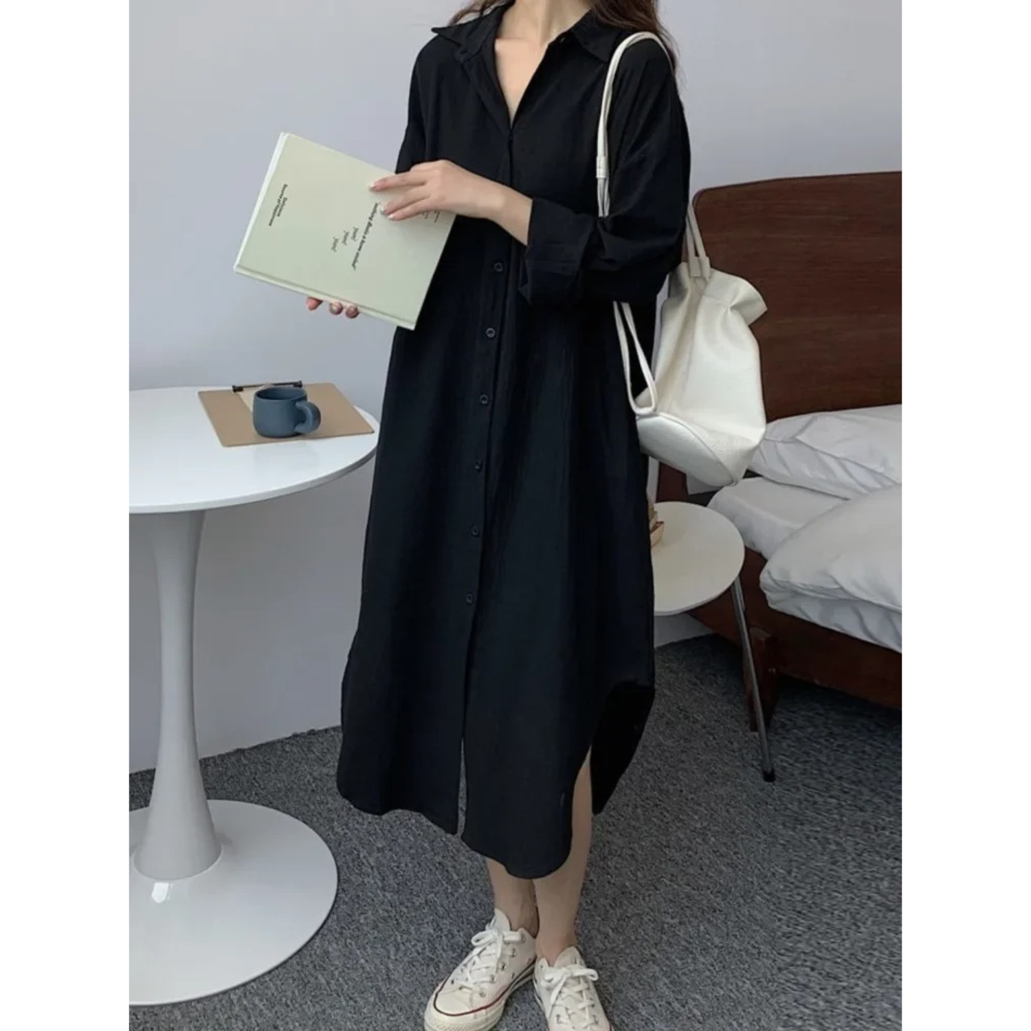 VIDA Rosa V-Ausschnitt Revers Knopf blusenkleid