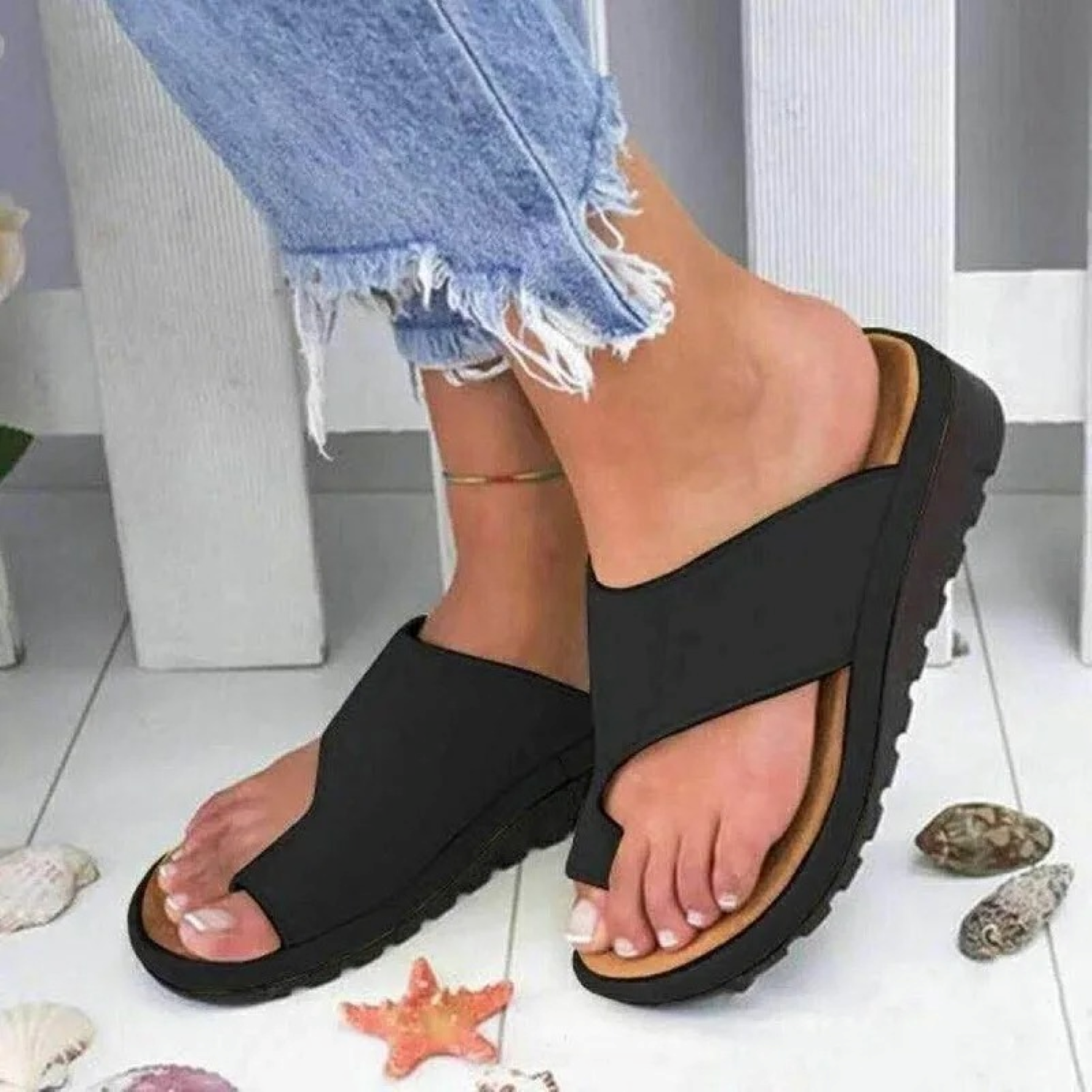 VIDA Dicke Sohle orthopädische PU-Leder Damen Pantoletten