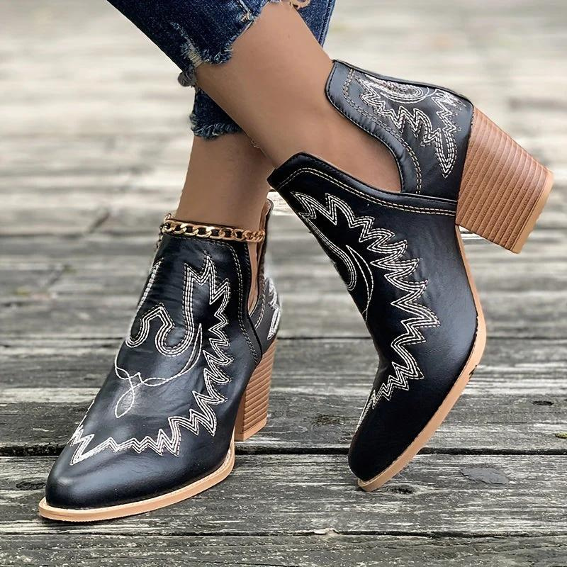 Anmutig - Damen Bestickte Lederstiefeletten - Westernstil, Blockabsatz
