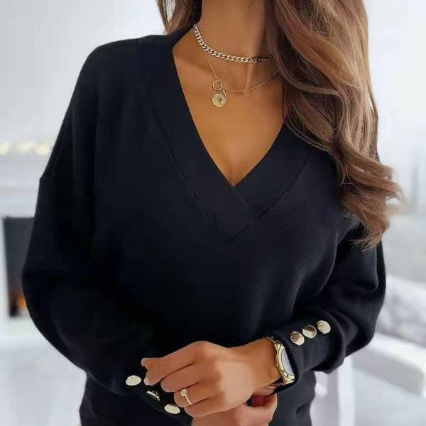 Celestia | Pullover mit Eleganter V-Ausschnitt und Glänzenden Goldknöpfen für Damen