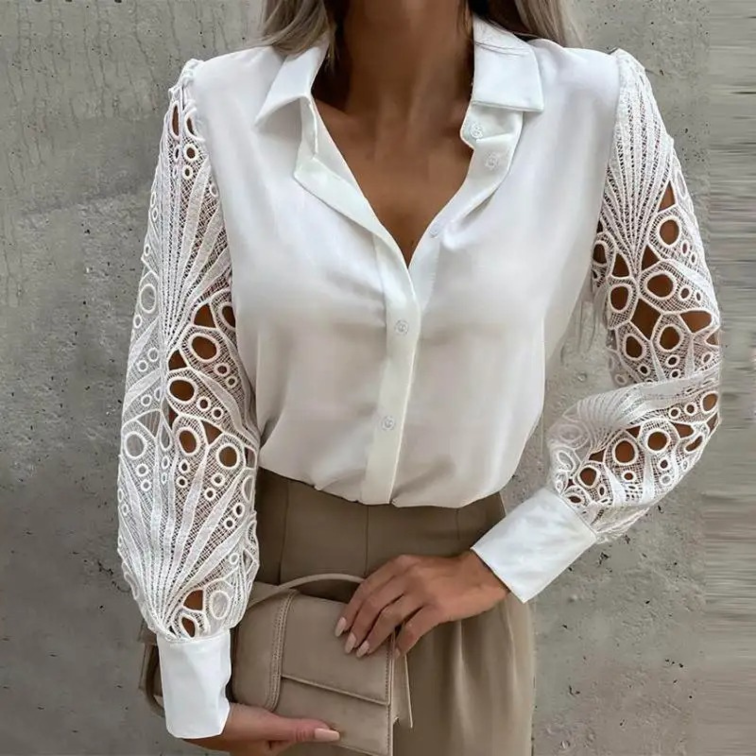 VIDA Elegante Weiße hohle Prints mit Revers Damen Blusen