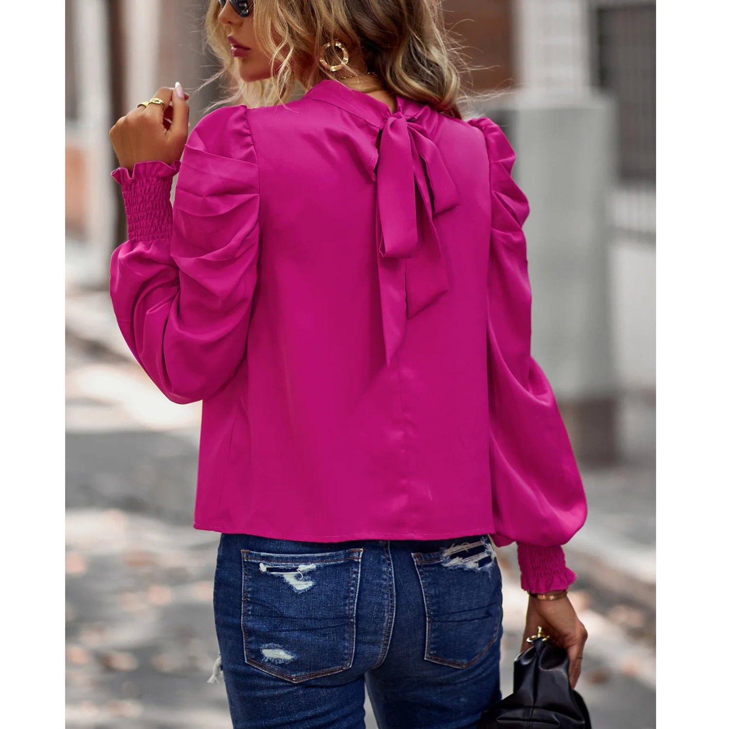 VIDA Grüne einfache elastische Damen Blusen mit Bändern