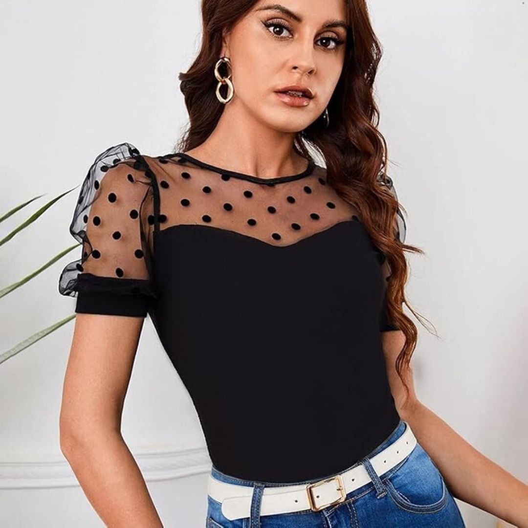 Zephyr | Bluse mit Tupfen-Mesh und Puffärmeln