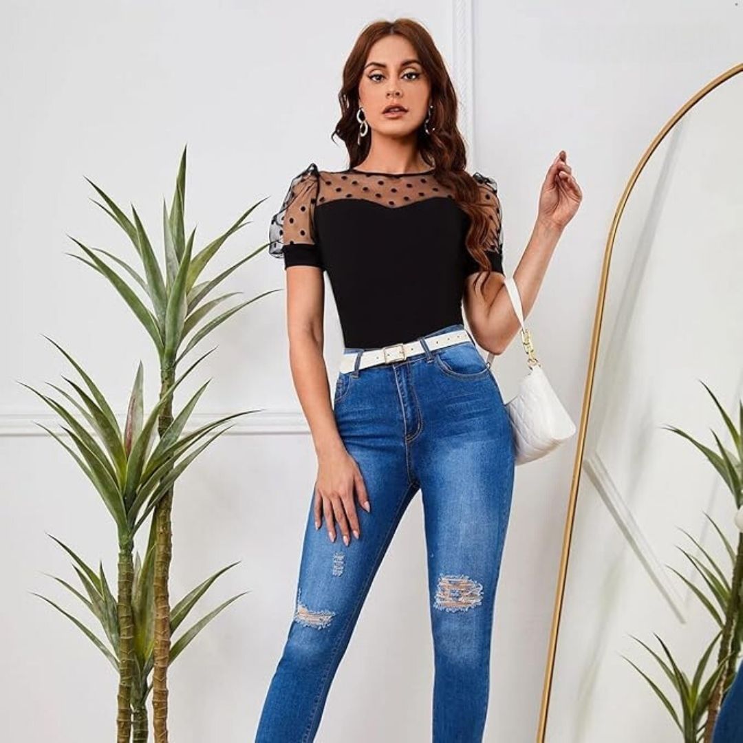 Zephyr | Bluse mit Tupfen-Mesh und Puffärmeln