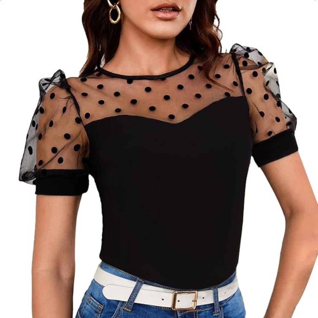 Zephyr | Bluse mit Tupfen-Mesh und Puffärmeln
