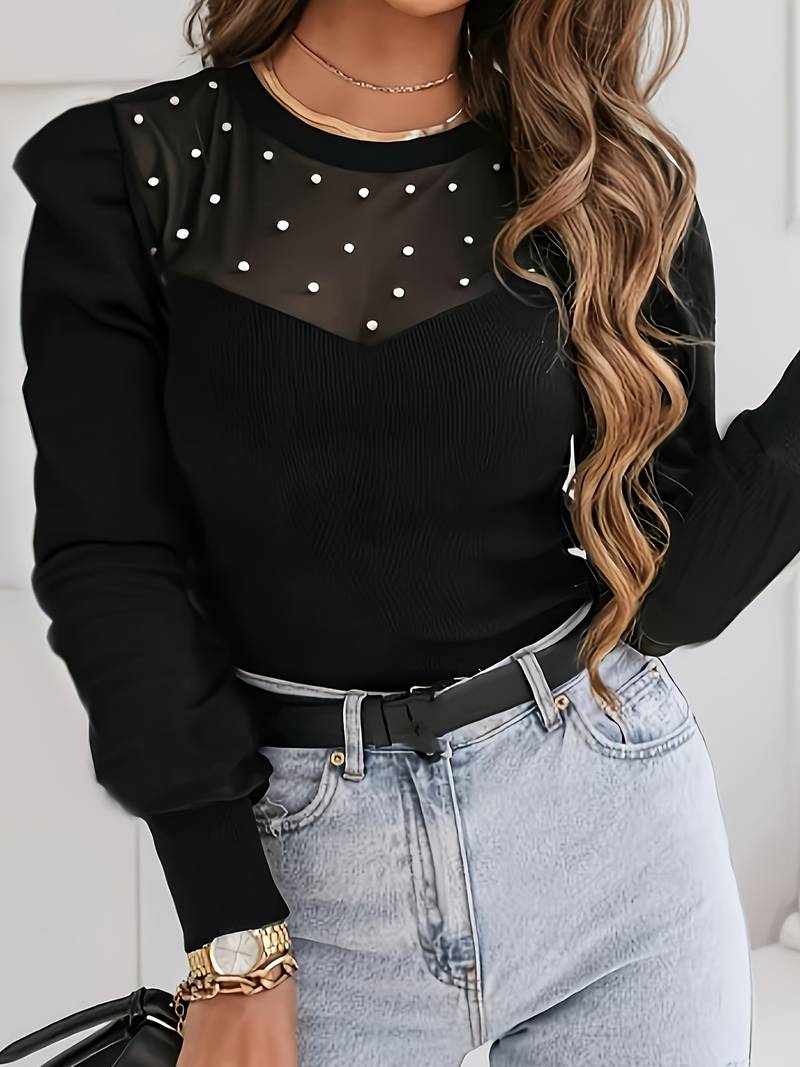 Celestia | Pullover mit Netzausschnitt und Perlendekor für Frauen