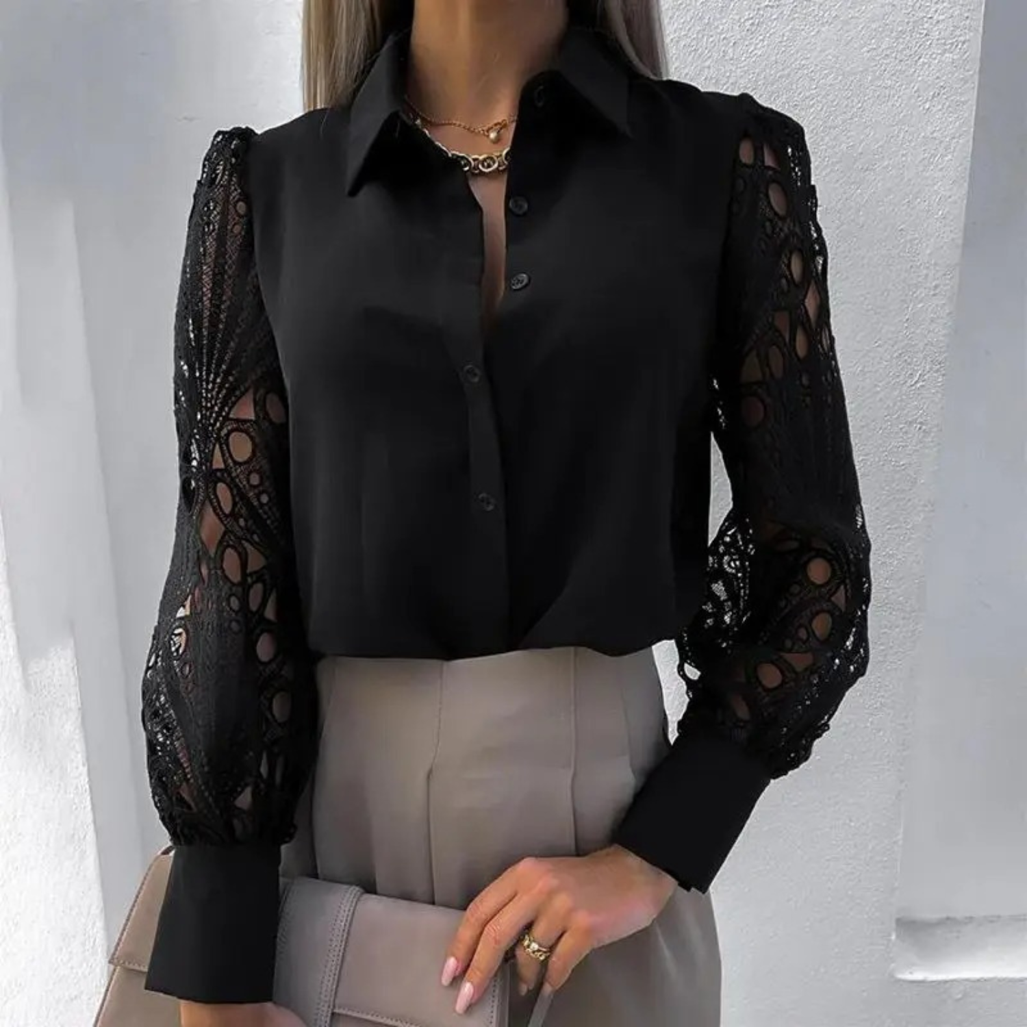 VIDA Elegante Weiße hohle Prints mit Revers Damen Blusen