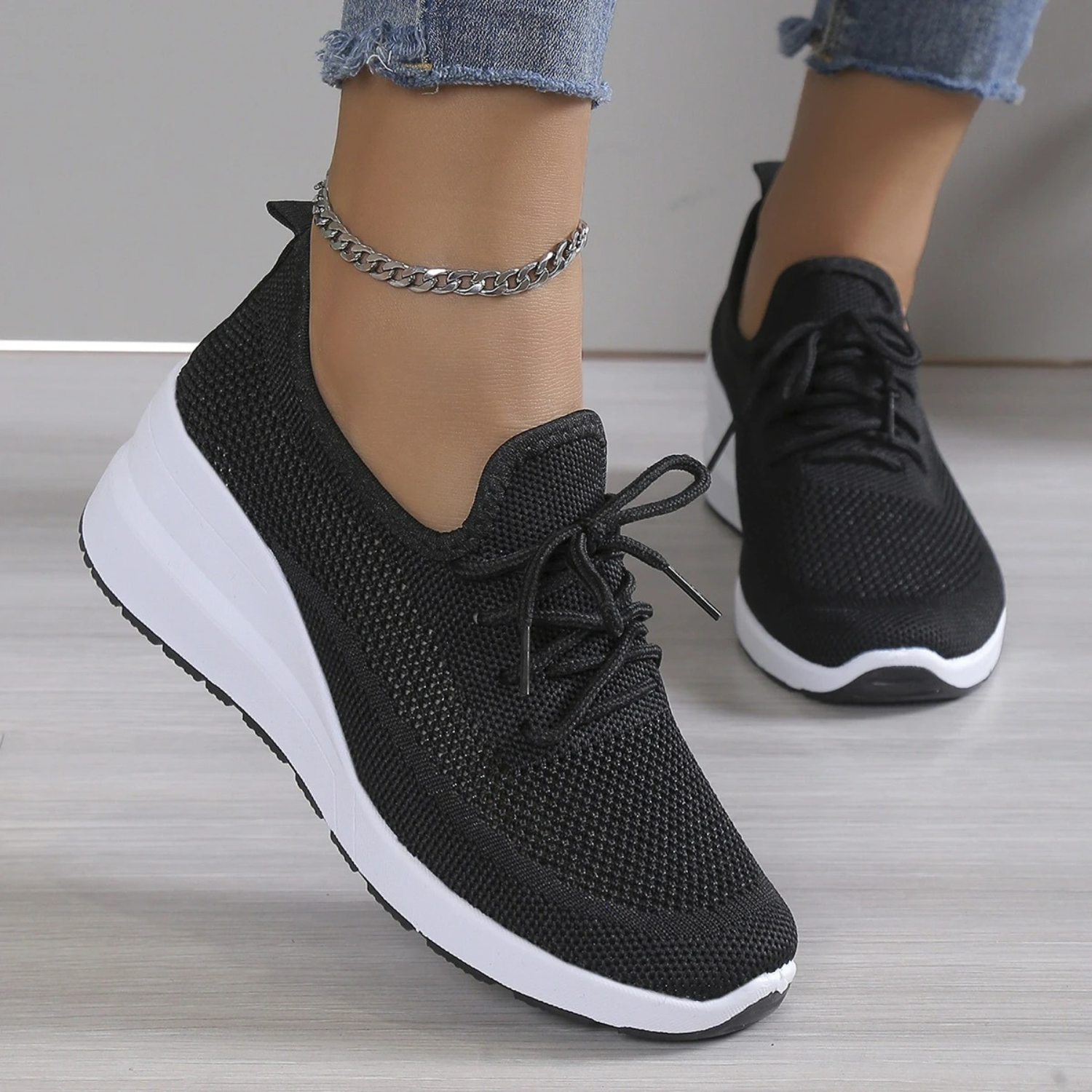 VIDA Atmungsaktive Keilsohle Schwarz Damen Loafer
