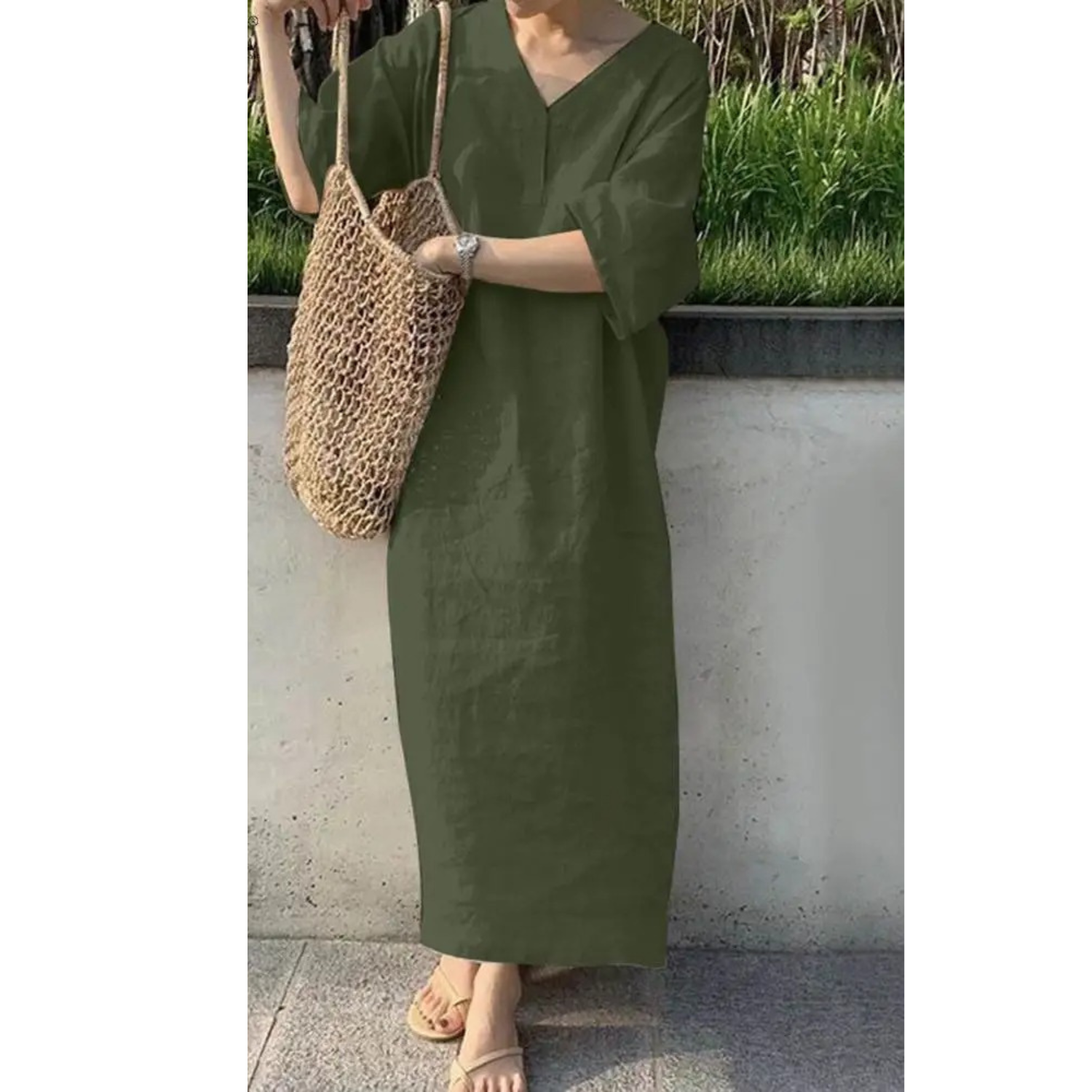 VIDA elegantes einfaches Leinenkleid mit V-Ausschnitt