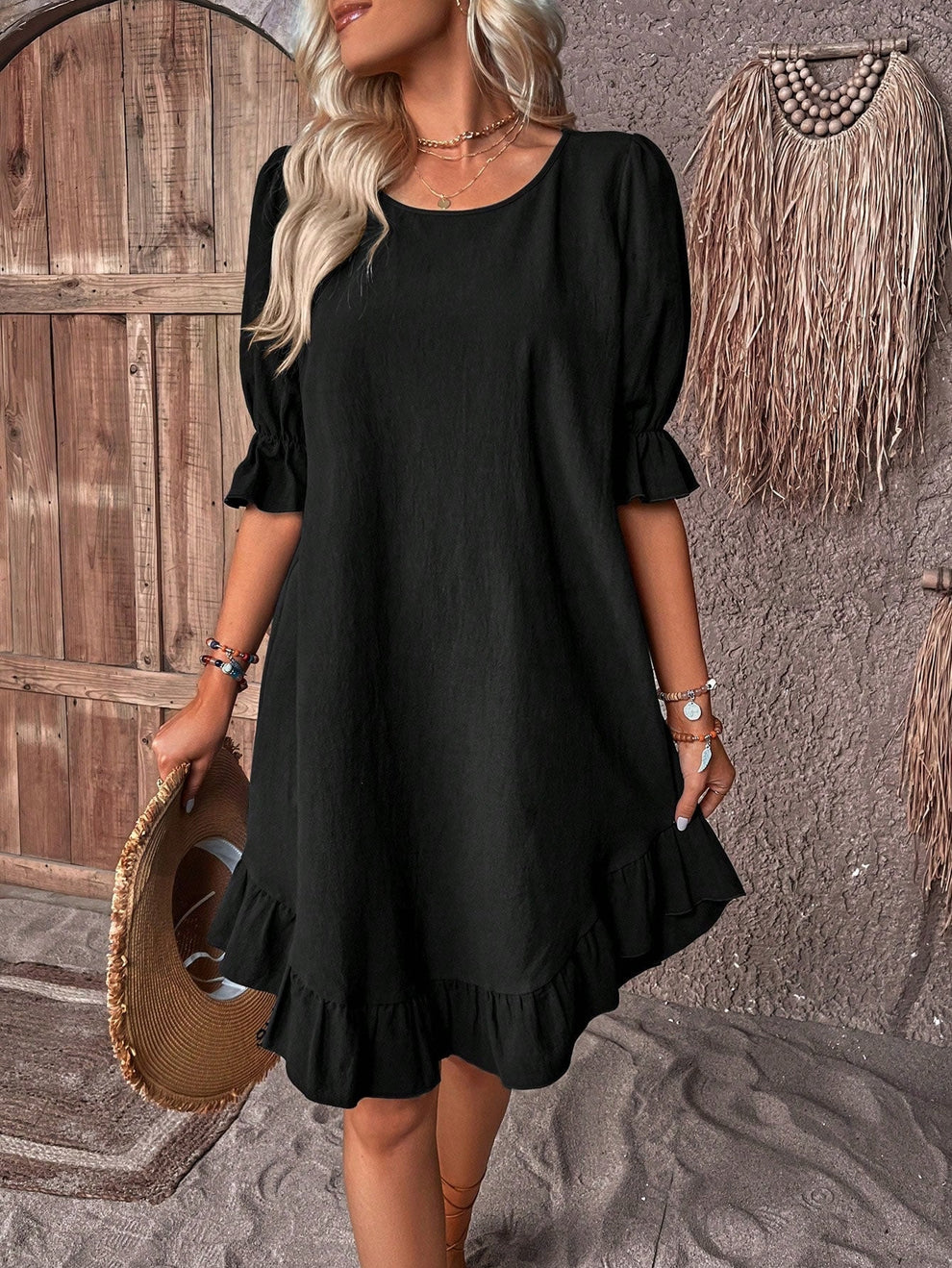 VIDA - Leinenkleid mit Ballonärmeln