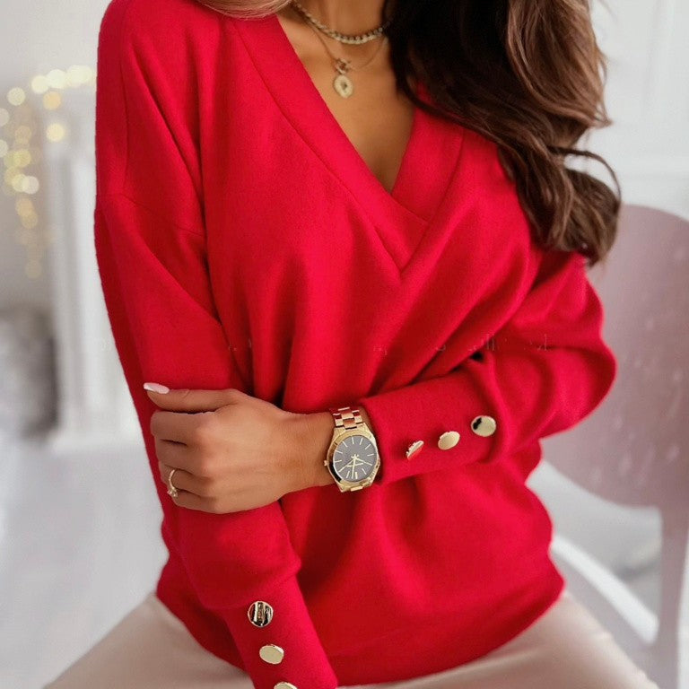 Celestia | Pullover mit Eleganter V-Ausschnitt und Glänzenden Goldknöpfen für Damen