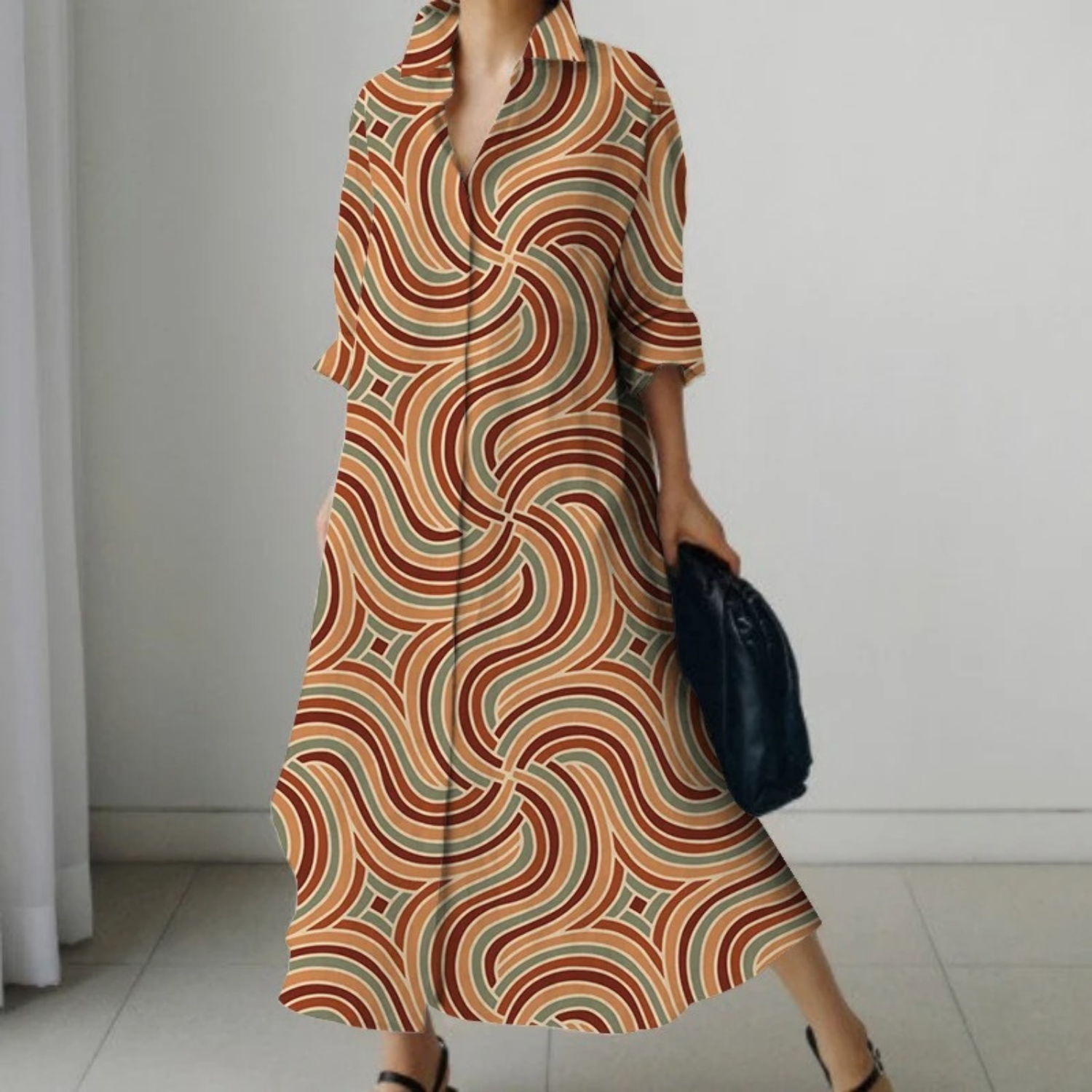 VIDA khakifarbenes Blusenkleid mit Leopardenmuster im Business-Stil