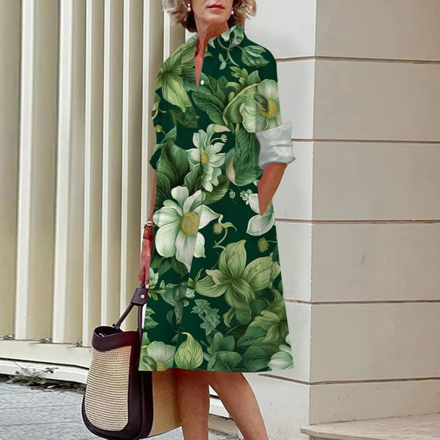 VIDA Grünes Blusenkleid mit geometrischem Aufschlag