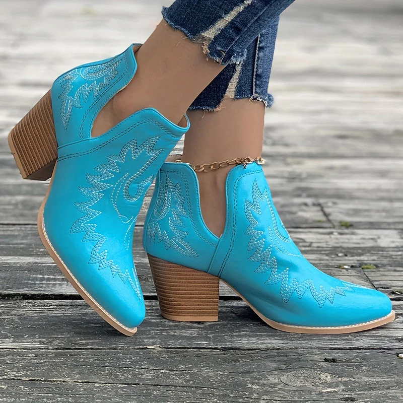 Anmutig - Damen Bestickte Lederstiefeletten - Westernstil, Blockabsatz