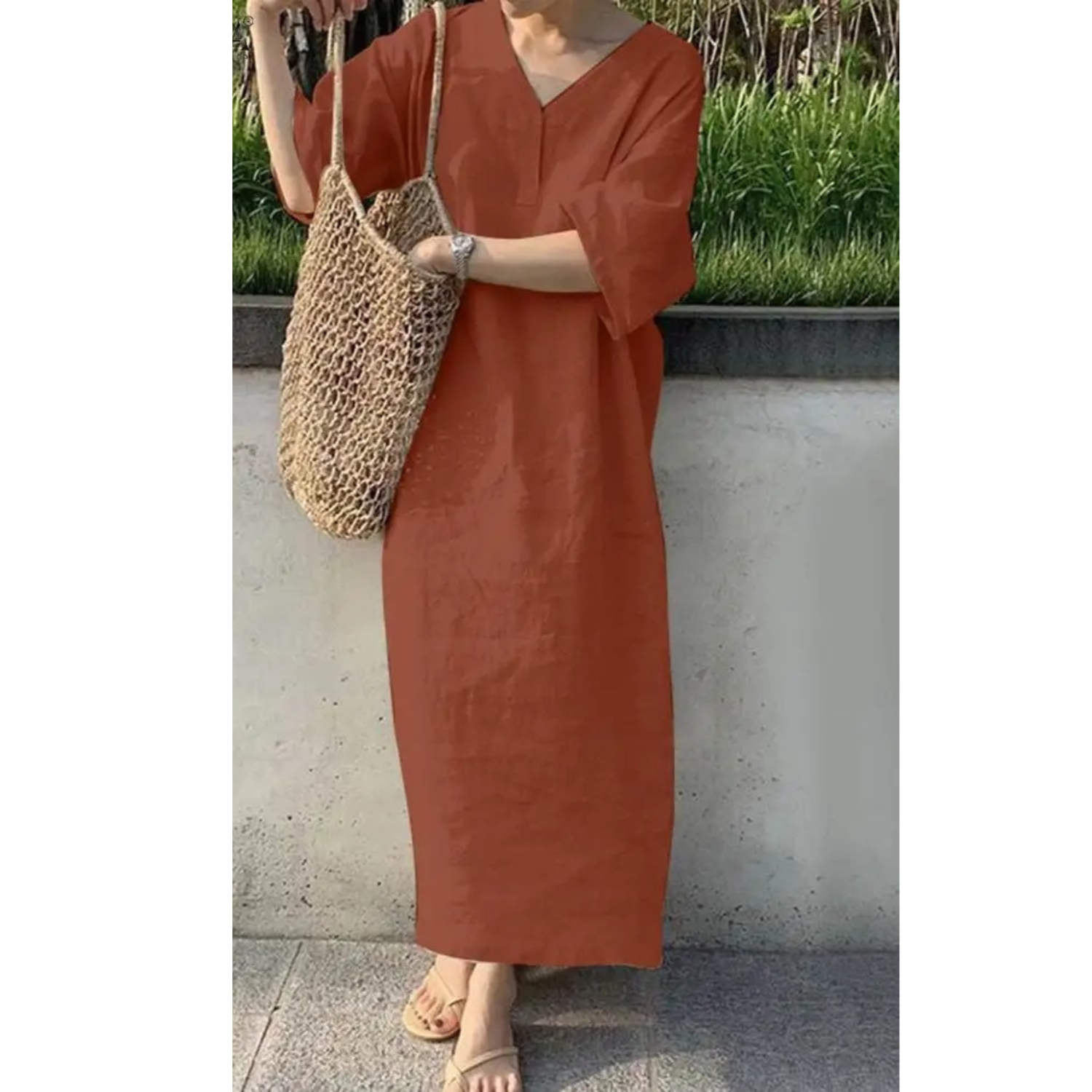 VIDA elegantes einfaches Leinenkleid mit V-Ausschnitt