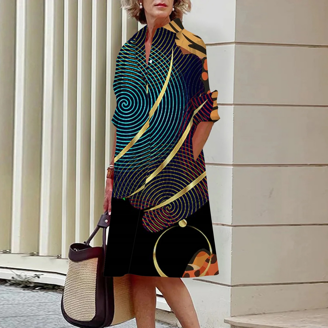 VIDA Grünes Blusenkleid mit geometrischem Aufschlag