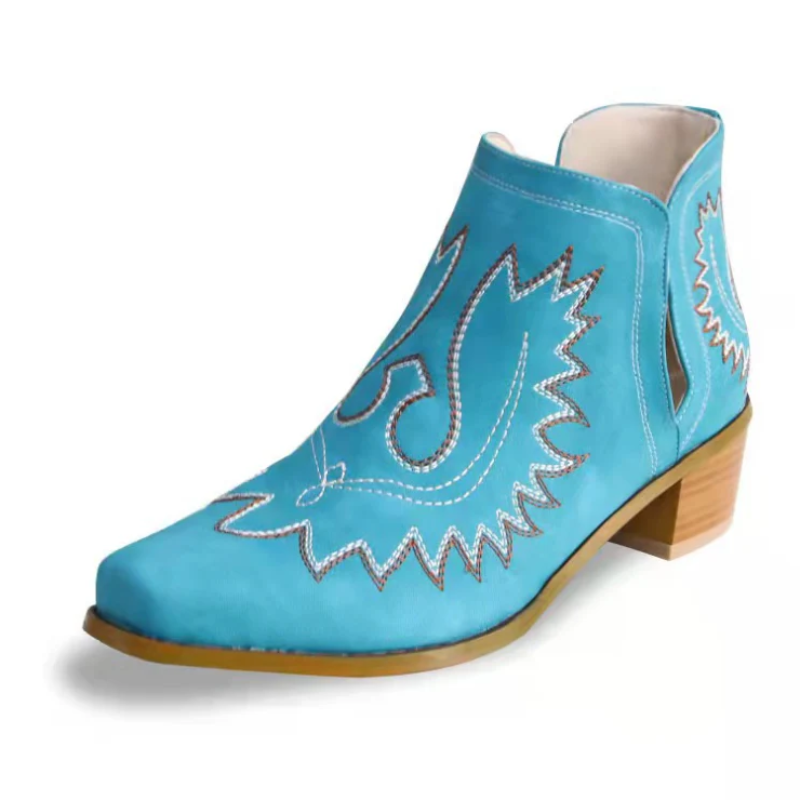 Anmutig - Damen Bestickte Lederstiefeletten - Westernstil, Blockabsatz