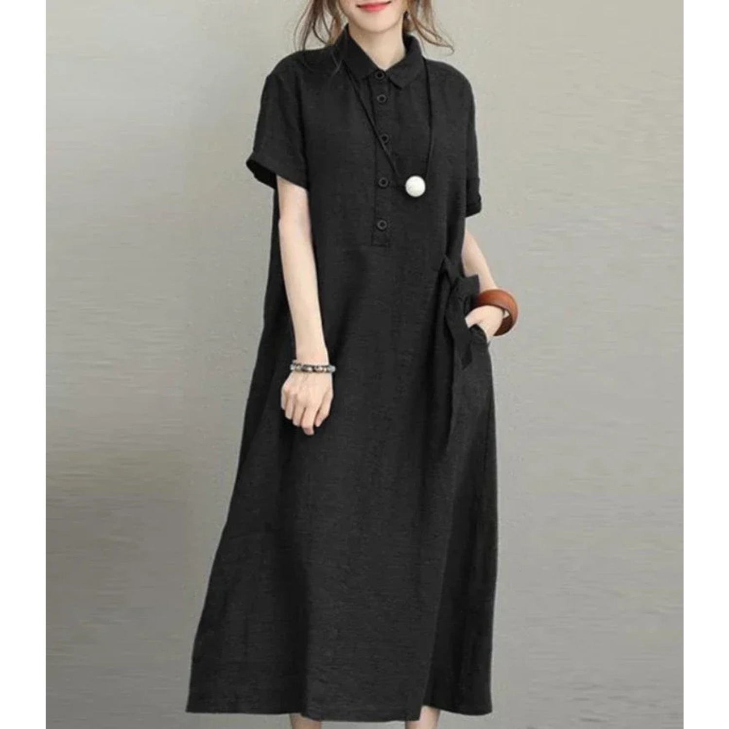 VIDA Graues einfaches leichtes bequemes Leinenkleid