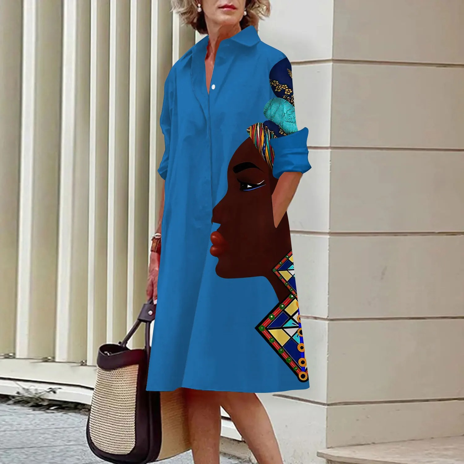 VIDA Grünes lockeres Patchwork-Blusenkleid