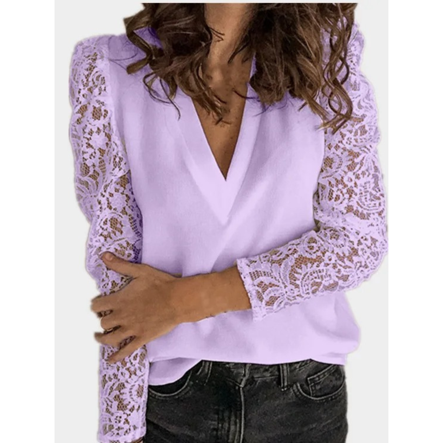 VIDA Elegante violette Chiffon-Bluse mit hohlem Print Damen Blusen