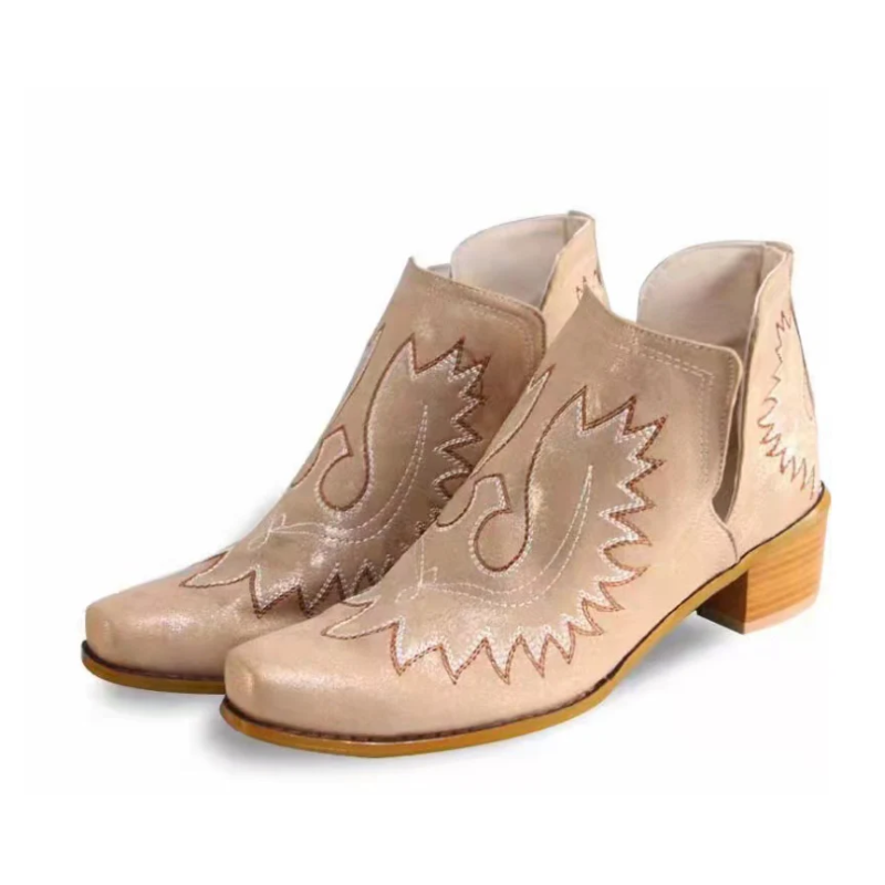 Anmutig - Damen Bestickte Lederstiefeletten - Westernstil, Blockabsatz