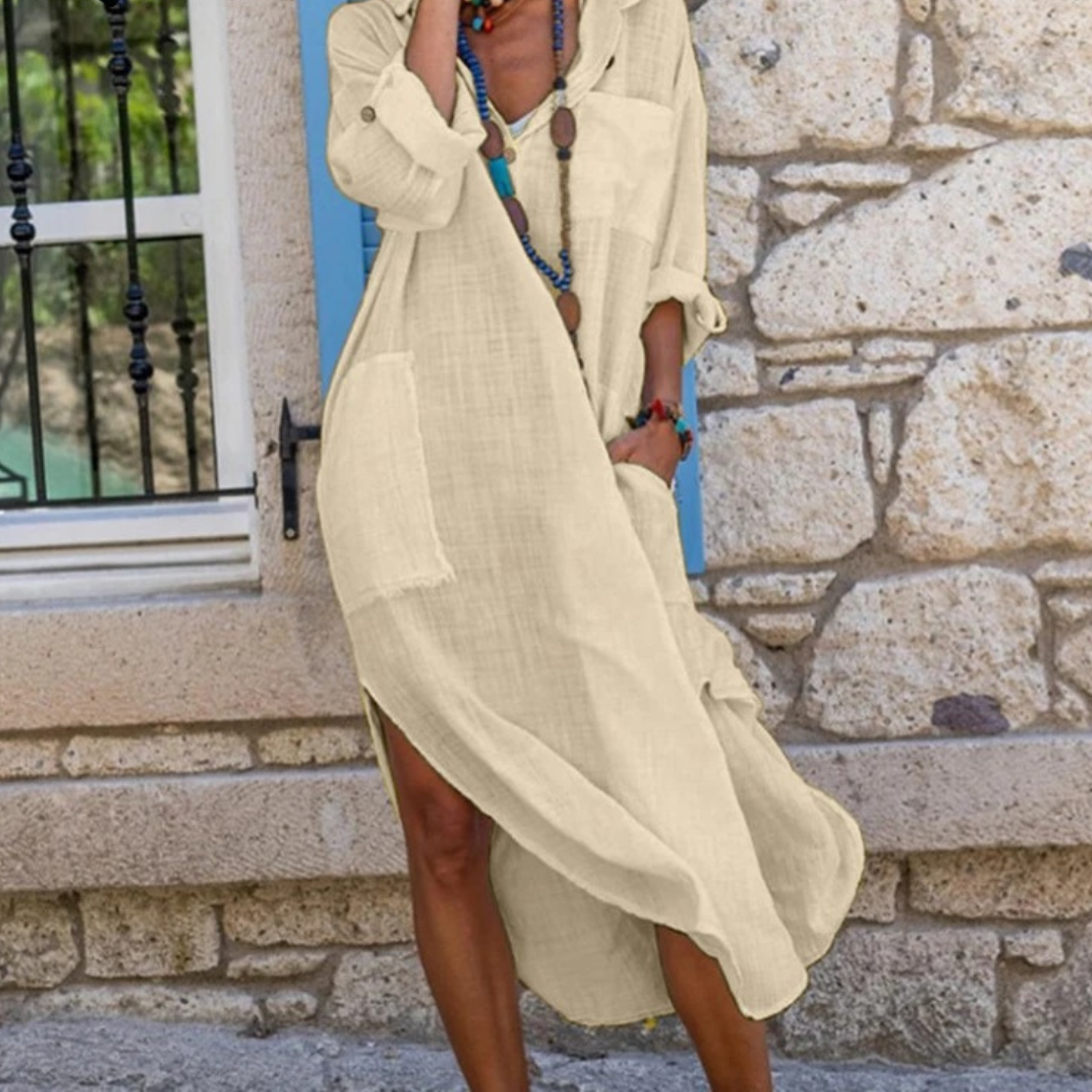 VIDA Weißes Leinenkleid aus Baumwolle, geteilt, einfach