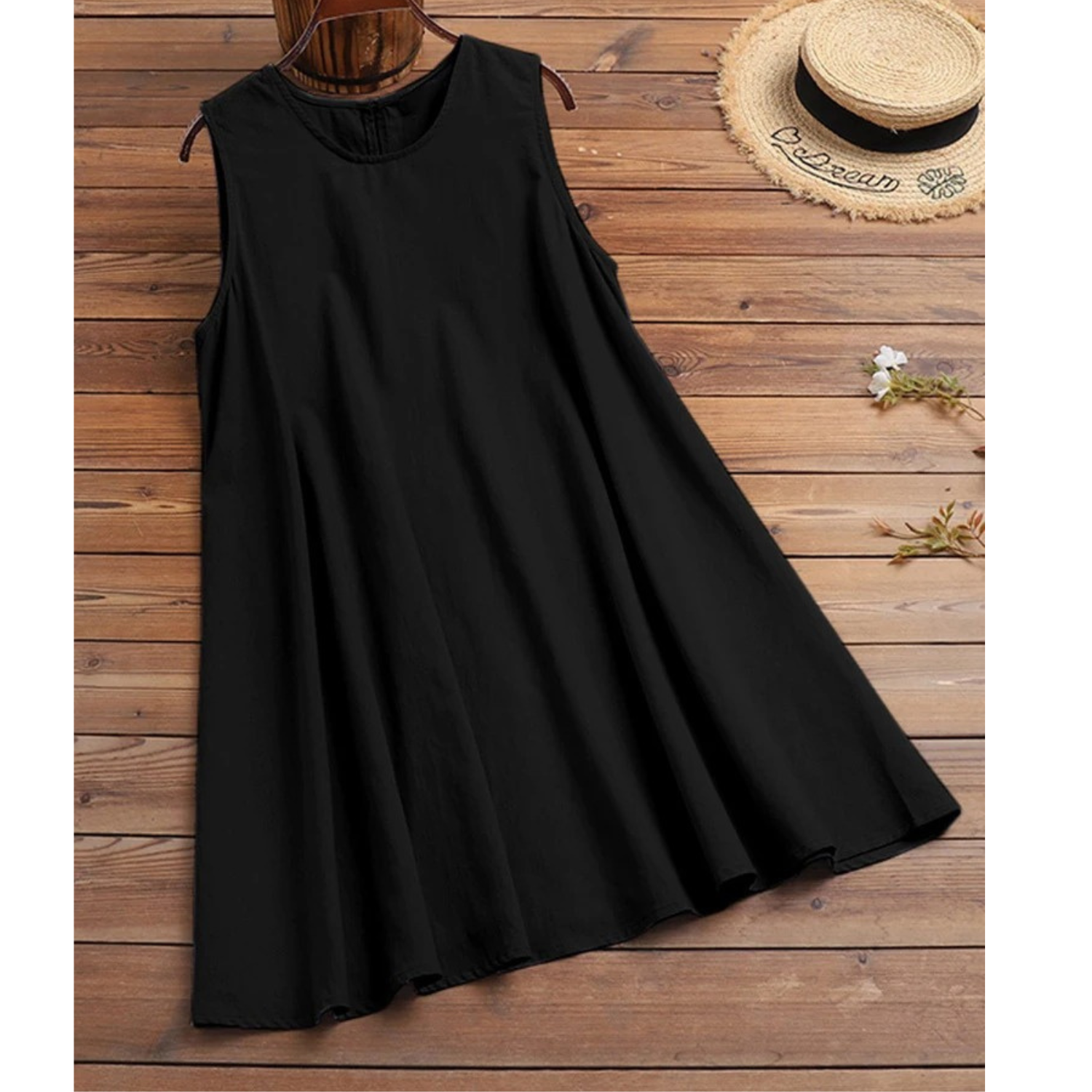 VIDA dünnes schwarzes Leinenkleid mit Knöpfen