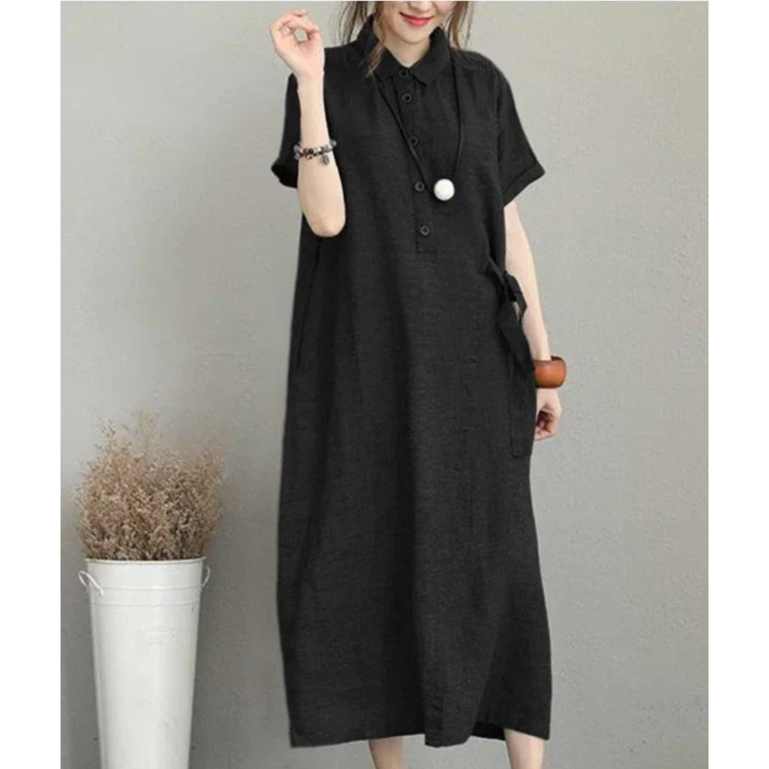 VIDA Graues einfaches leichtes bequemes Leinenkleid