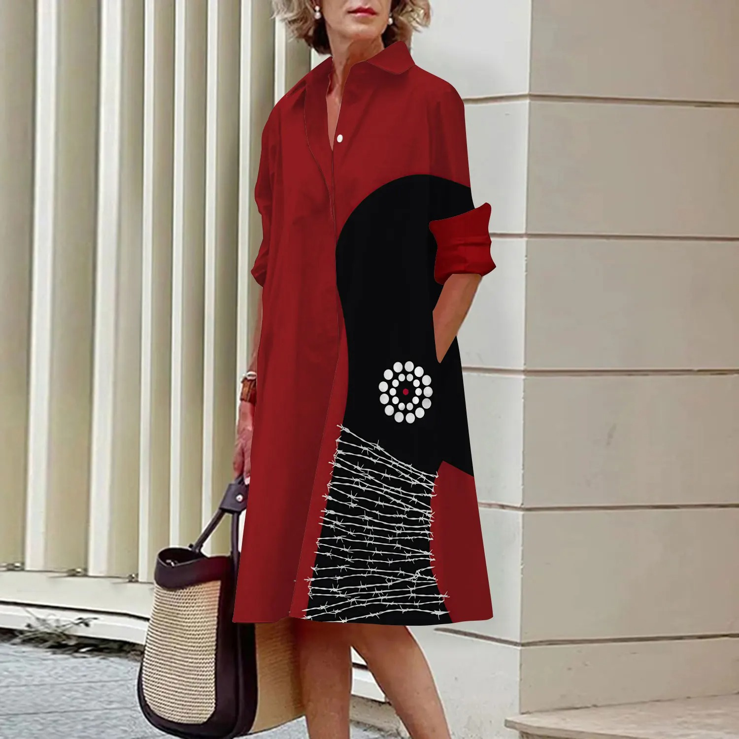 VIDA Grünes lockeres Patchwork-Blusenkleid