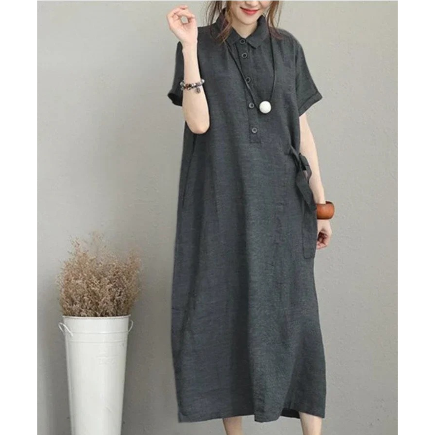 VIDA Graues einfaches leichtes bequemes Leinenkleid
