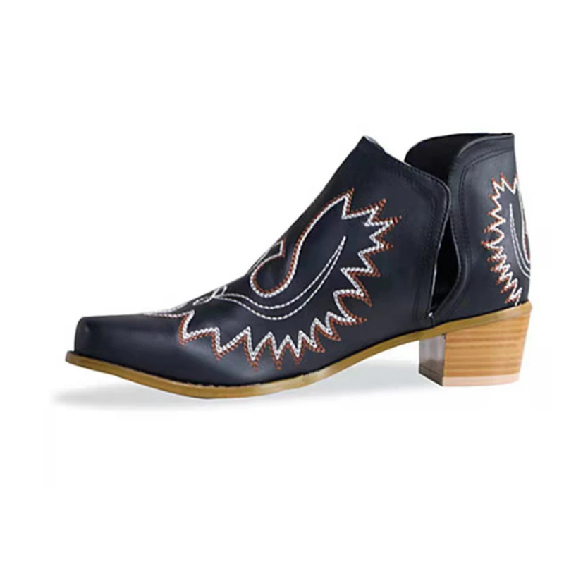 Anmutig - Damen Bestickte Lederstiefeletten - Westernstil, Blockabsatz