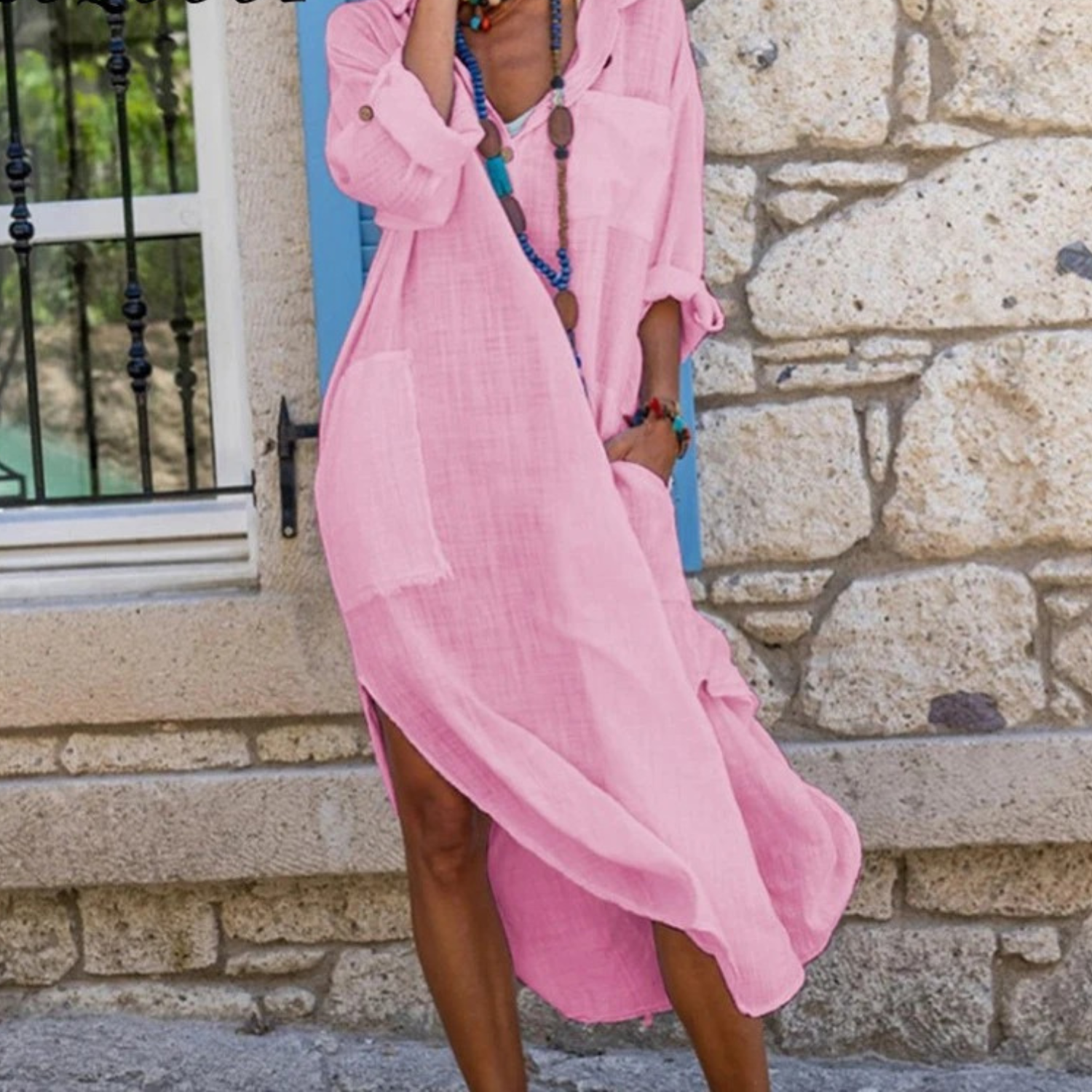 VIDA Weißes Leinenkleid aus Baumwolle, geteilt, einfach