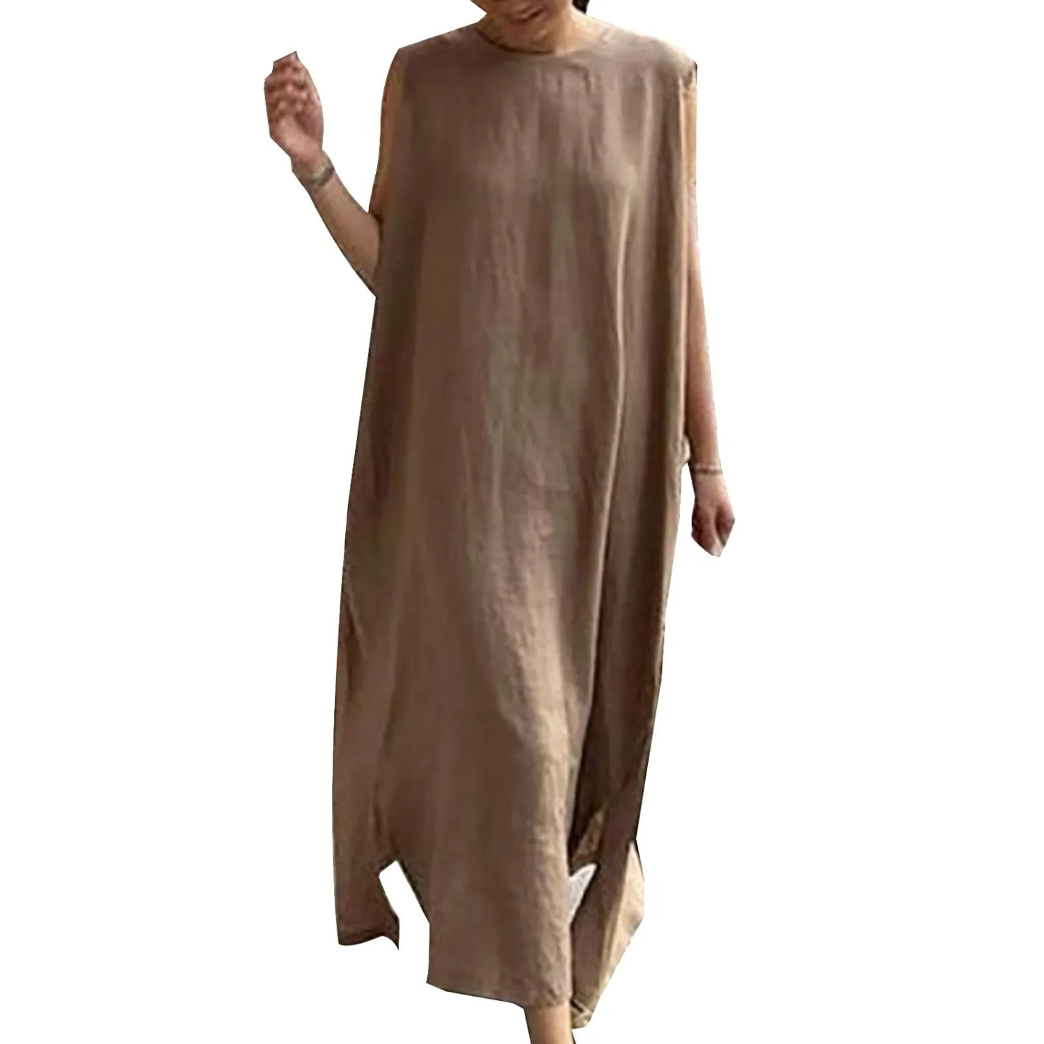 VIDA Grünes einfaches Rundhals-Leinen-Kleid