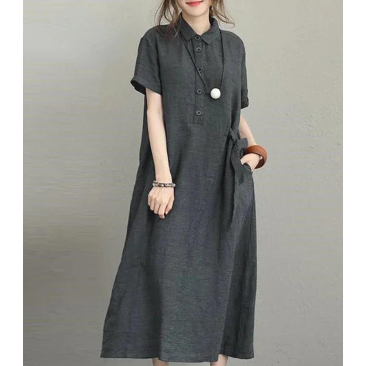 VIDA Graues einfaches leichtes bequemes Leinenkleid