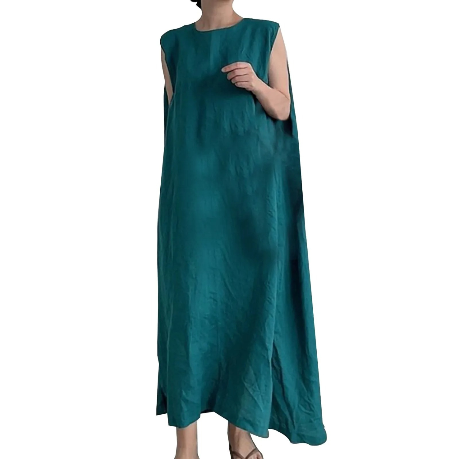 VIDA Grünes einfaches Rundhals-Leinen-Kleid