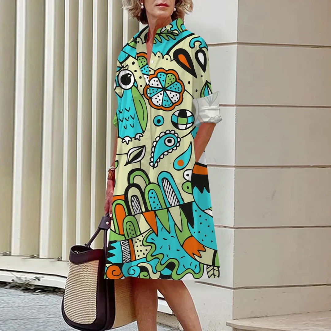 VIDA Grünes Blusenkleid mit geometrischem Aufschlag