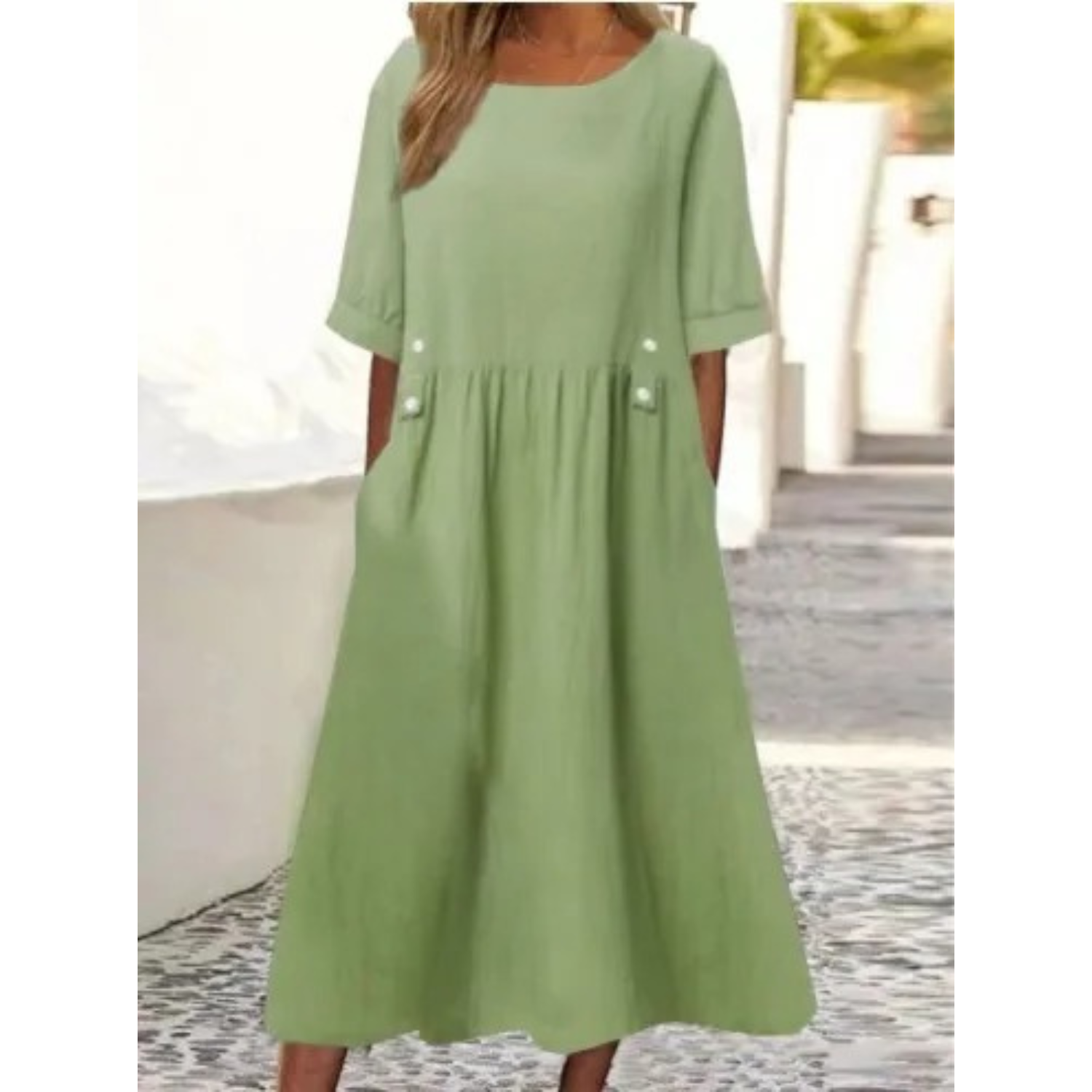 VIDA weißes einfaches bequemes knöpfbares Leinenkleid