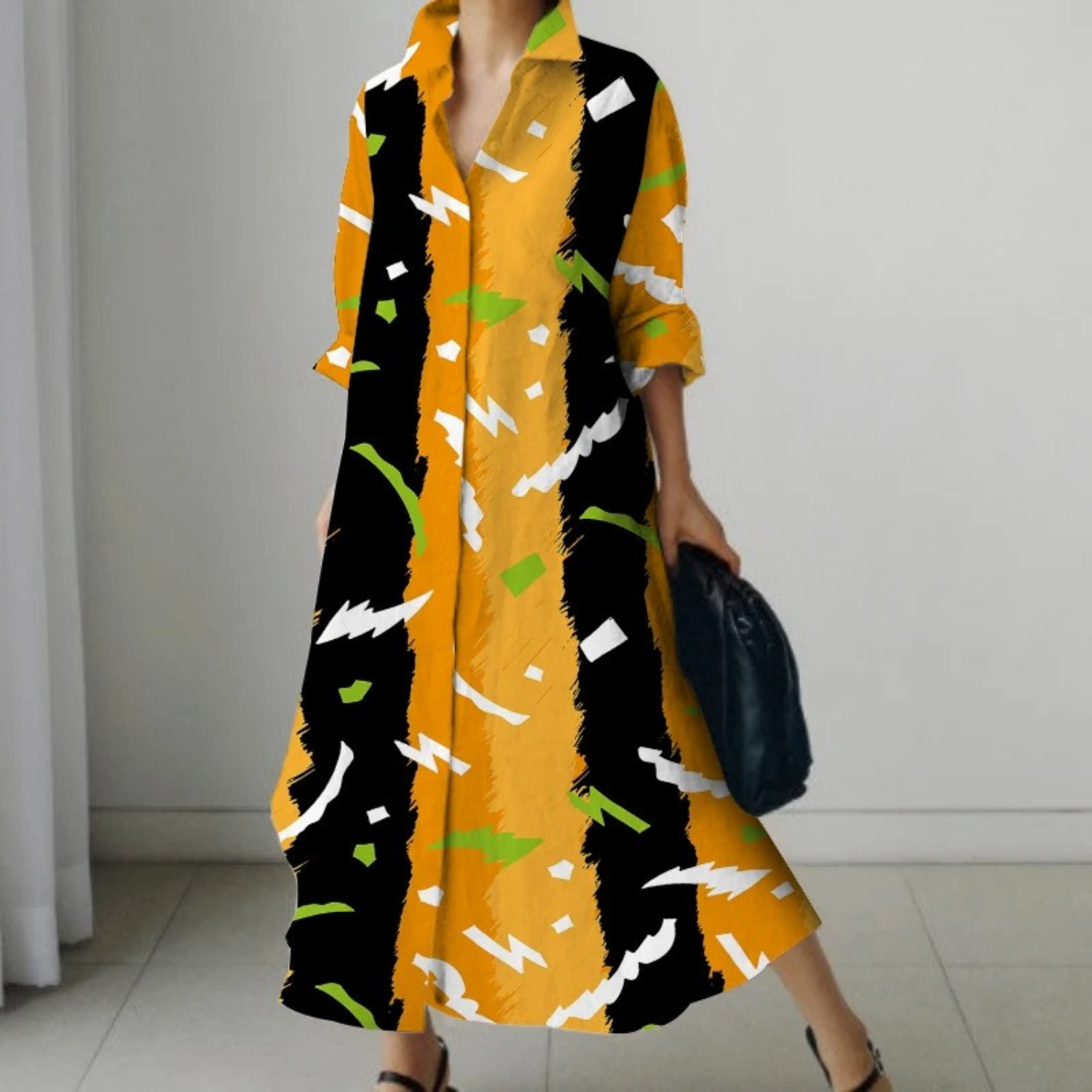 VIDA khakifarbenes Blusenkleid mit Leopardenmuster im Business-Stil