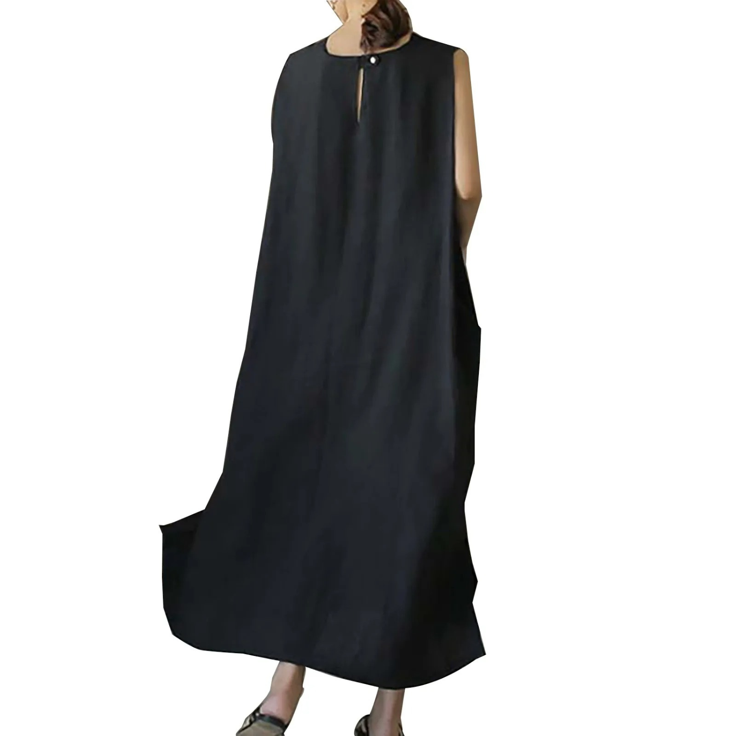 VIDA Grünes einfaches Rundhals-Leinen-Kleid
