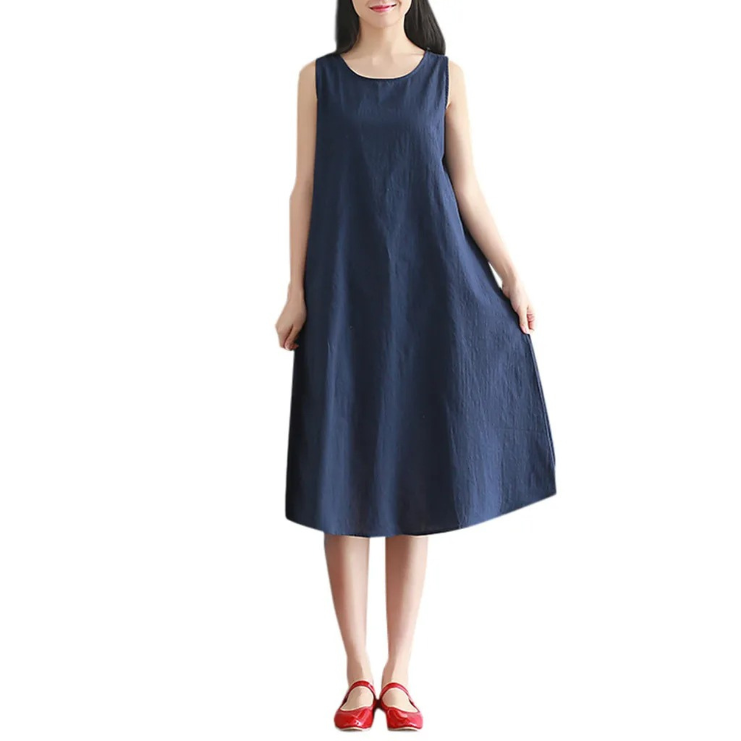 VIDA Rotes einfaches Rundhals LeinenKleid